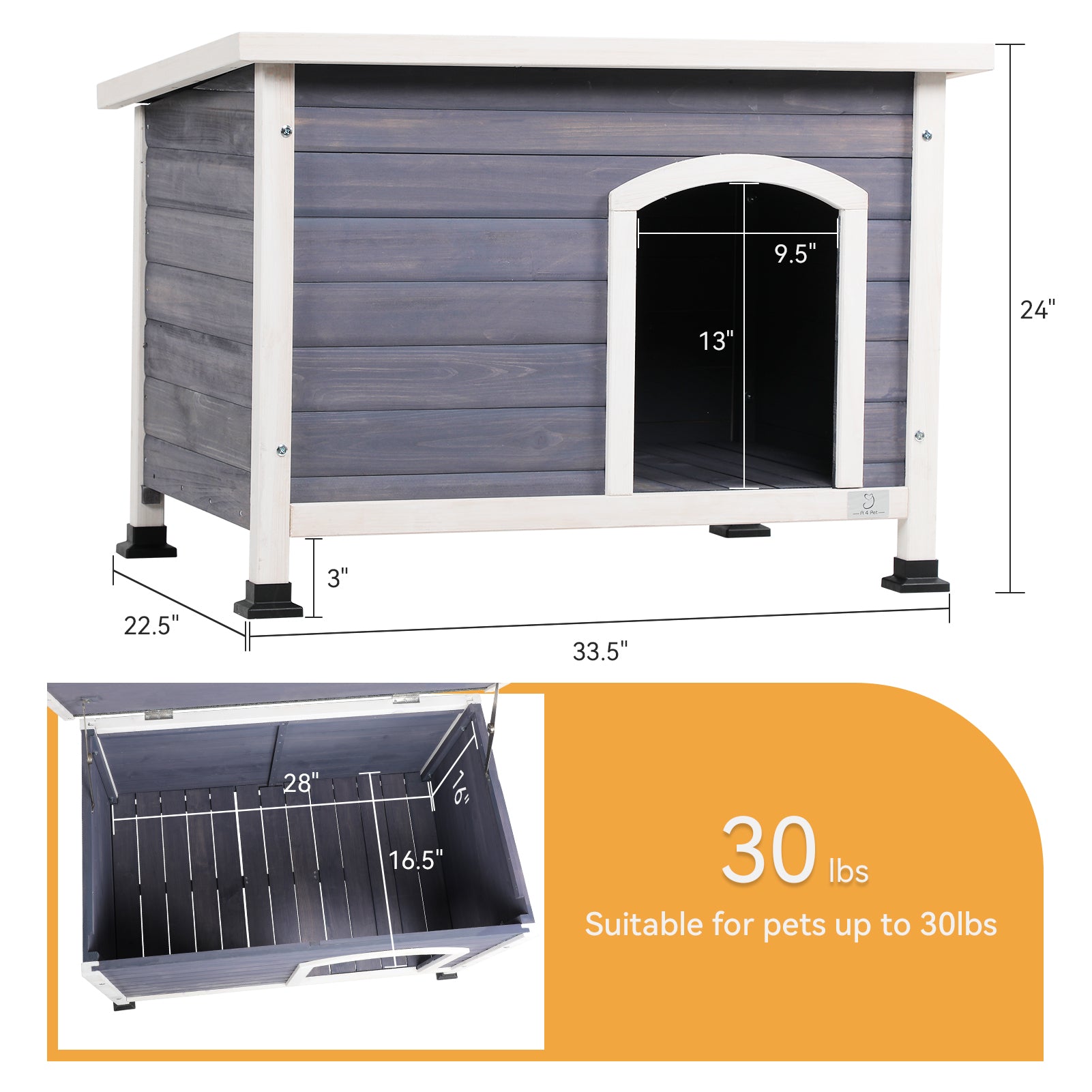 Small Wooden Outdoor Dog House, Waterproof Roof, Elevated Floor, Grey Grey Solid Wood