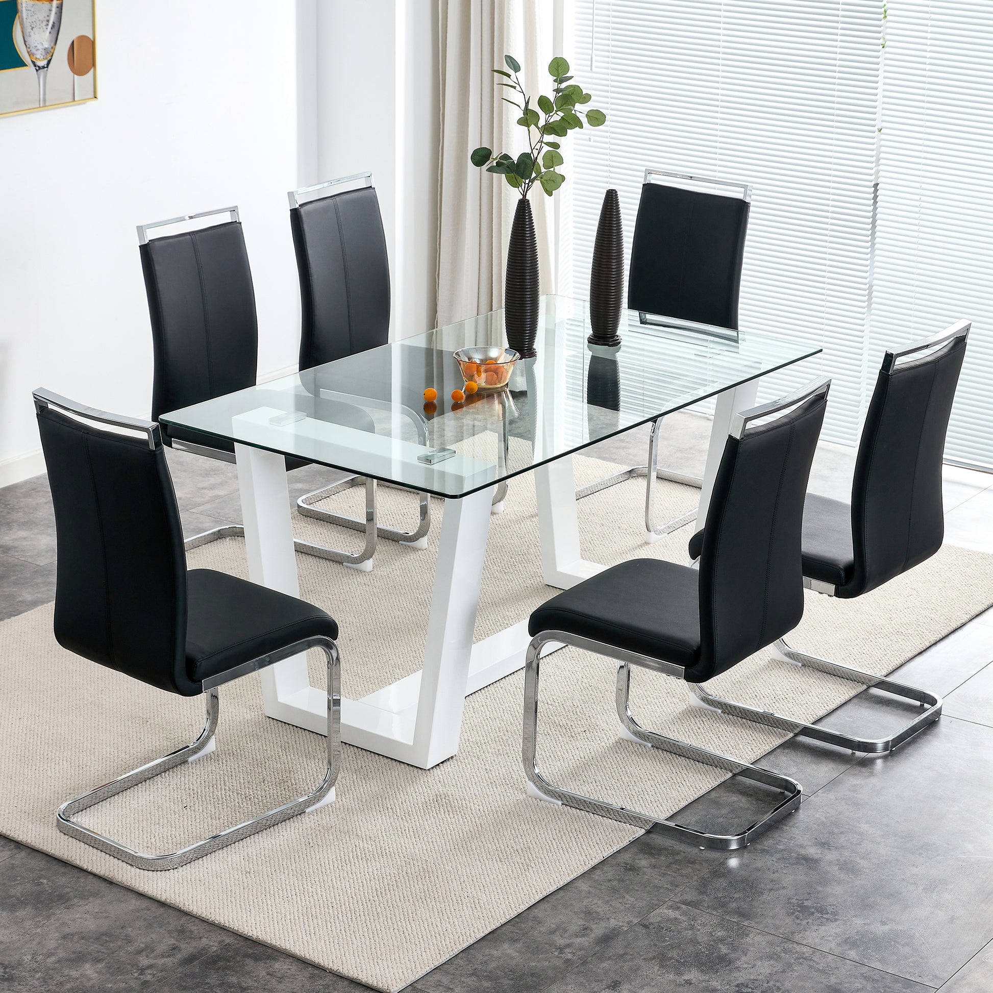Glass Dining Table Large Modern Minimalist Rectangular For 6 8 With 0.4" Tempered Glass Tabletop And White Mdf Trapezoid Bracket,For Kitchen Dining Living Meeting Room Banquet Hall F 1550 Transparent Mdf Glass