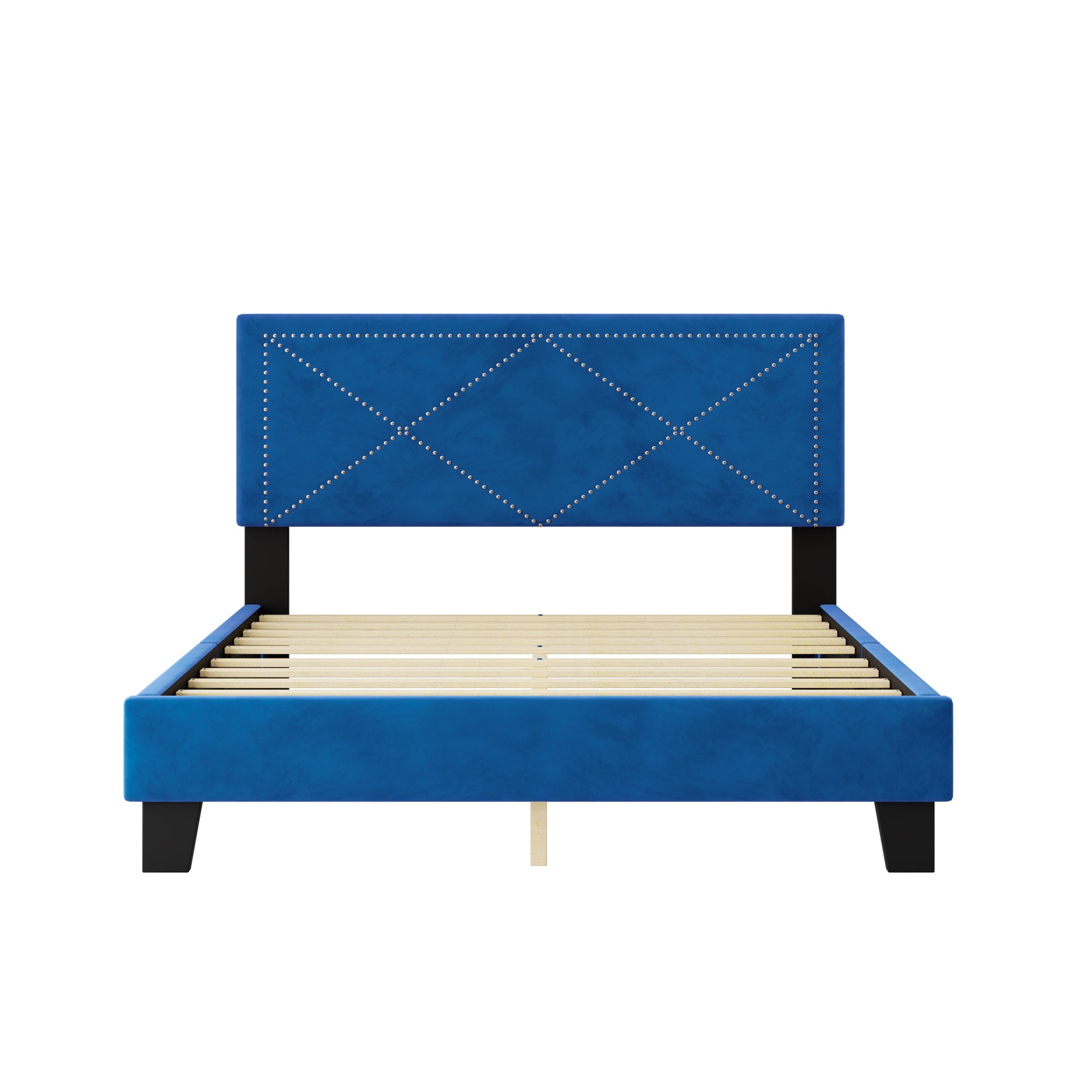 4 Pieces Bedroom Sets Queen Size Upholstered Bed Frame With Rivet Design,Nightstands And Tufted Storage Ottoman,Blue Box Spring Not Required Queen Blue 4 Piece Set Solid Wood Mdf