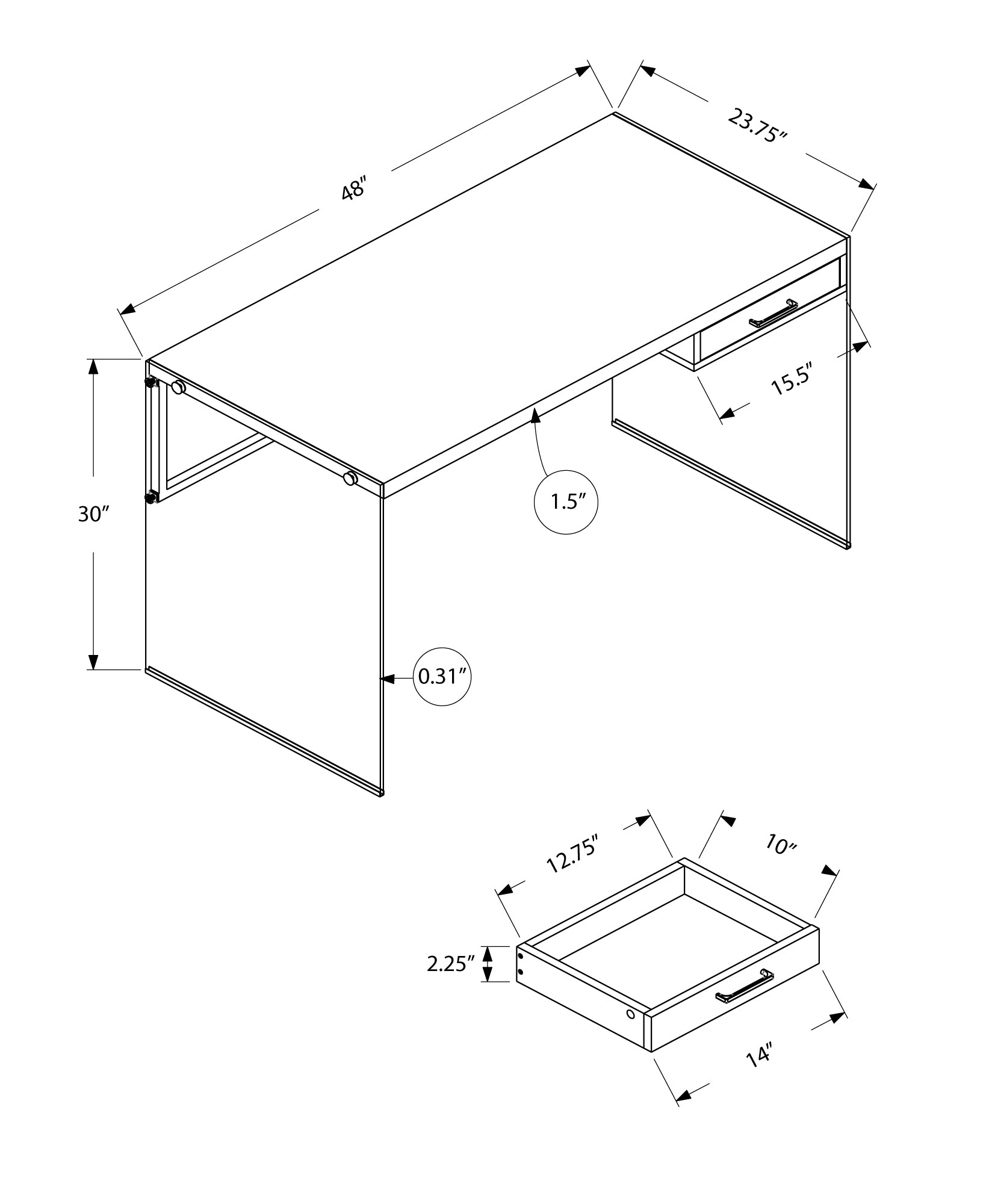 Computer Desk, Home Office, Laptop, Storage Drawers, 48"L, Work, Brown Laminate, Clear Tempered Glass, Contemporary, Modern Brown Particle Board