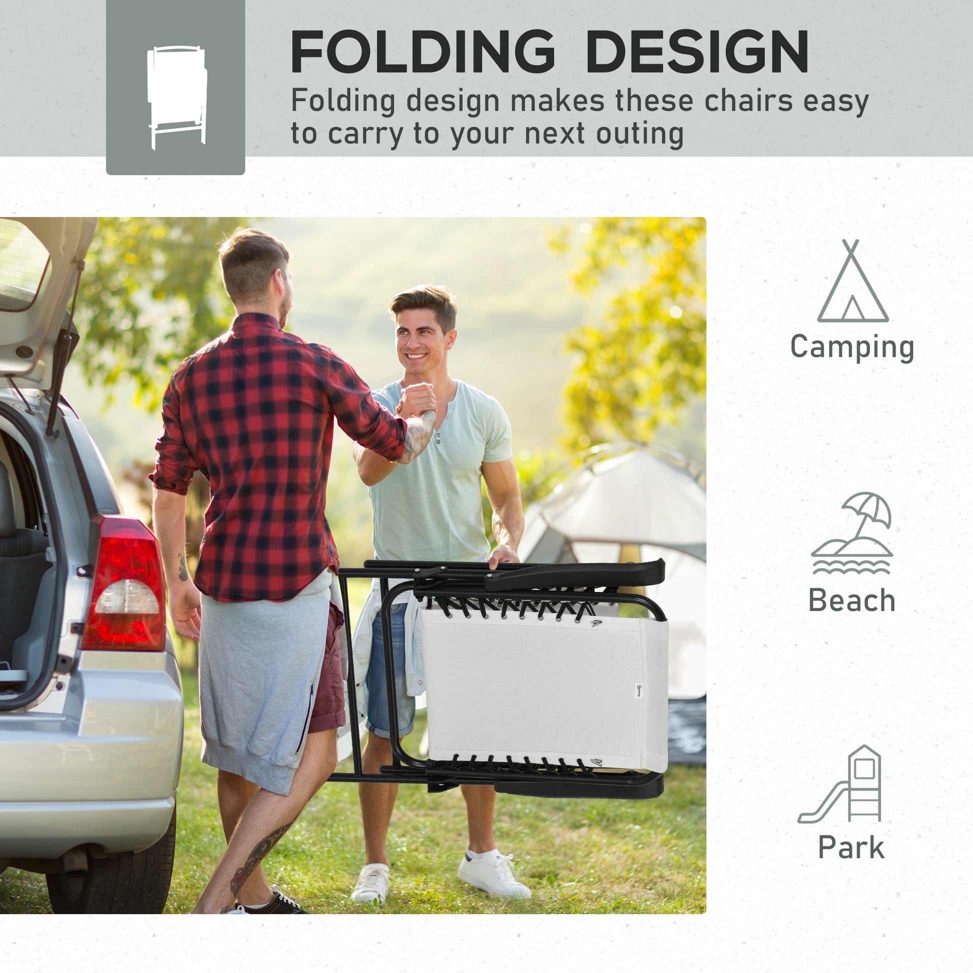 Outsunny Set Of 2 Patio Folding Chairs, Outdoor Bungee Sling Chairs W Armrests, Portable Lawn Chairs For Camping, Garden, Pool, Beach, Backyard, Cream White White Steel