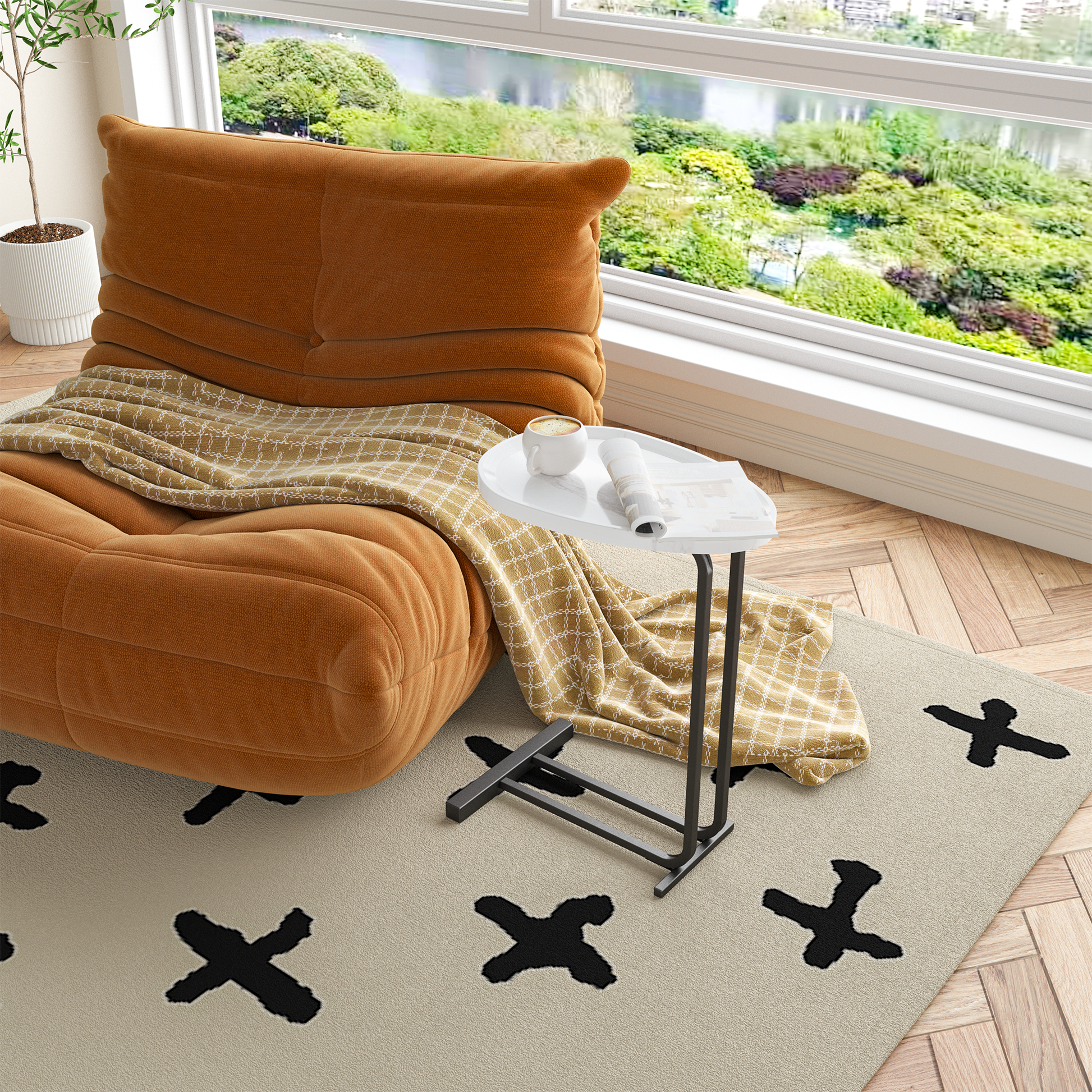 C Shaped Side Table, C Table End Table For Sofa And Bedside, Couch Side Tables, Wood C Shaped End Table With Metal Frame Slide For Bedroom Living Room White White Mdf Metal