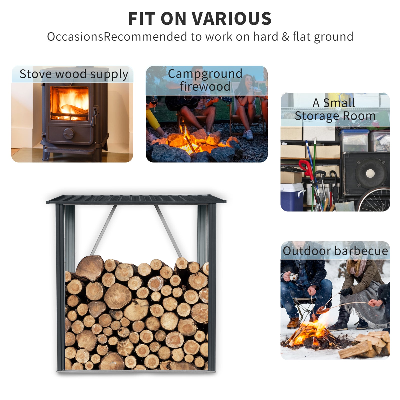 3Ft X 5Ft Outdoor Meta Firewood Rack ,Open Wood Shed For Firewood, Pellet, Or Lumber Storageblack Black Metal