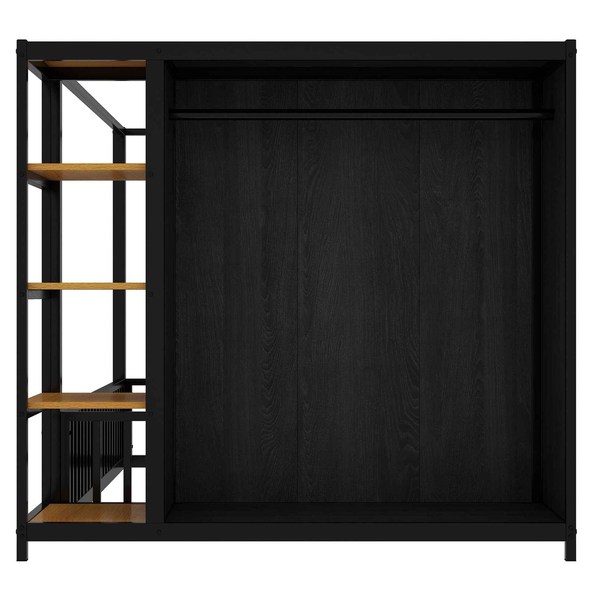 Full Size Floor Bed Frame With Wardrobe, Metal Floor Bed With Storage Shelves, Black Full Black Metal