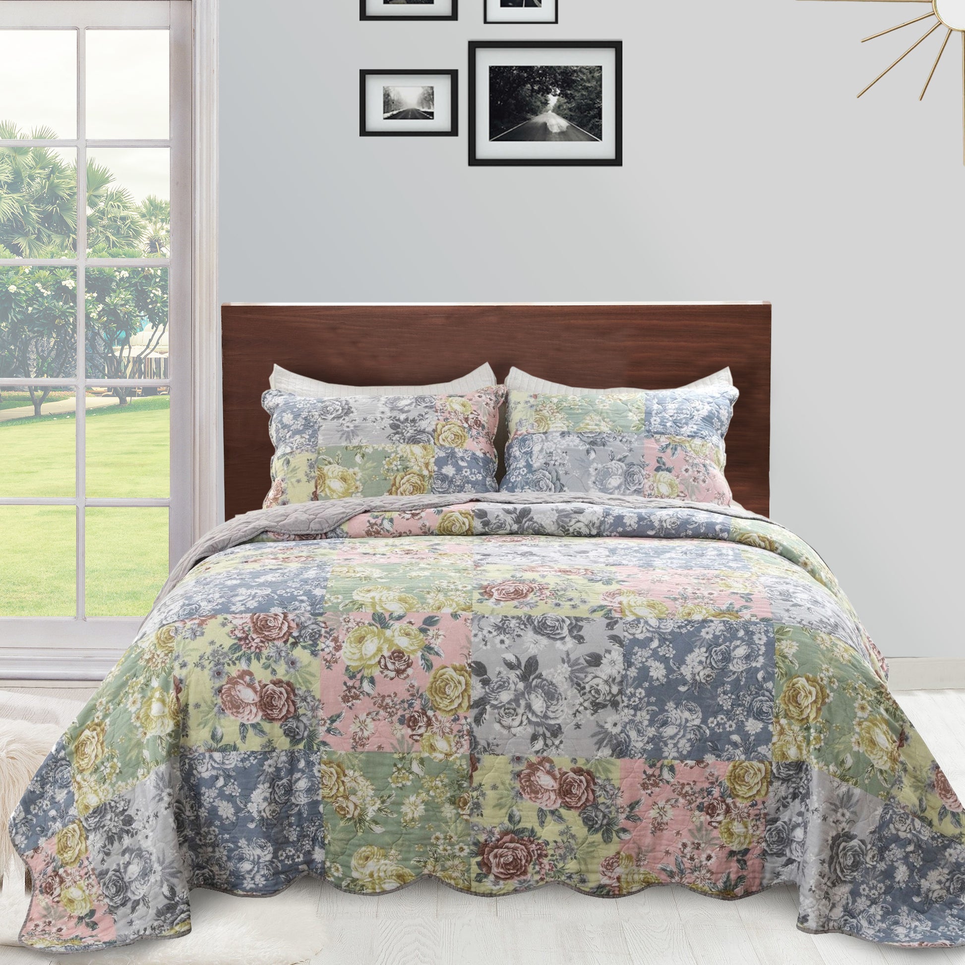 Eni 2 Piece Twin Xl Cotton Quilt Set, Pastel Blue Flowers, Soped Edges Twin Xl Multicolor Microfiber