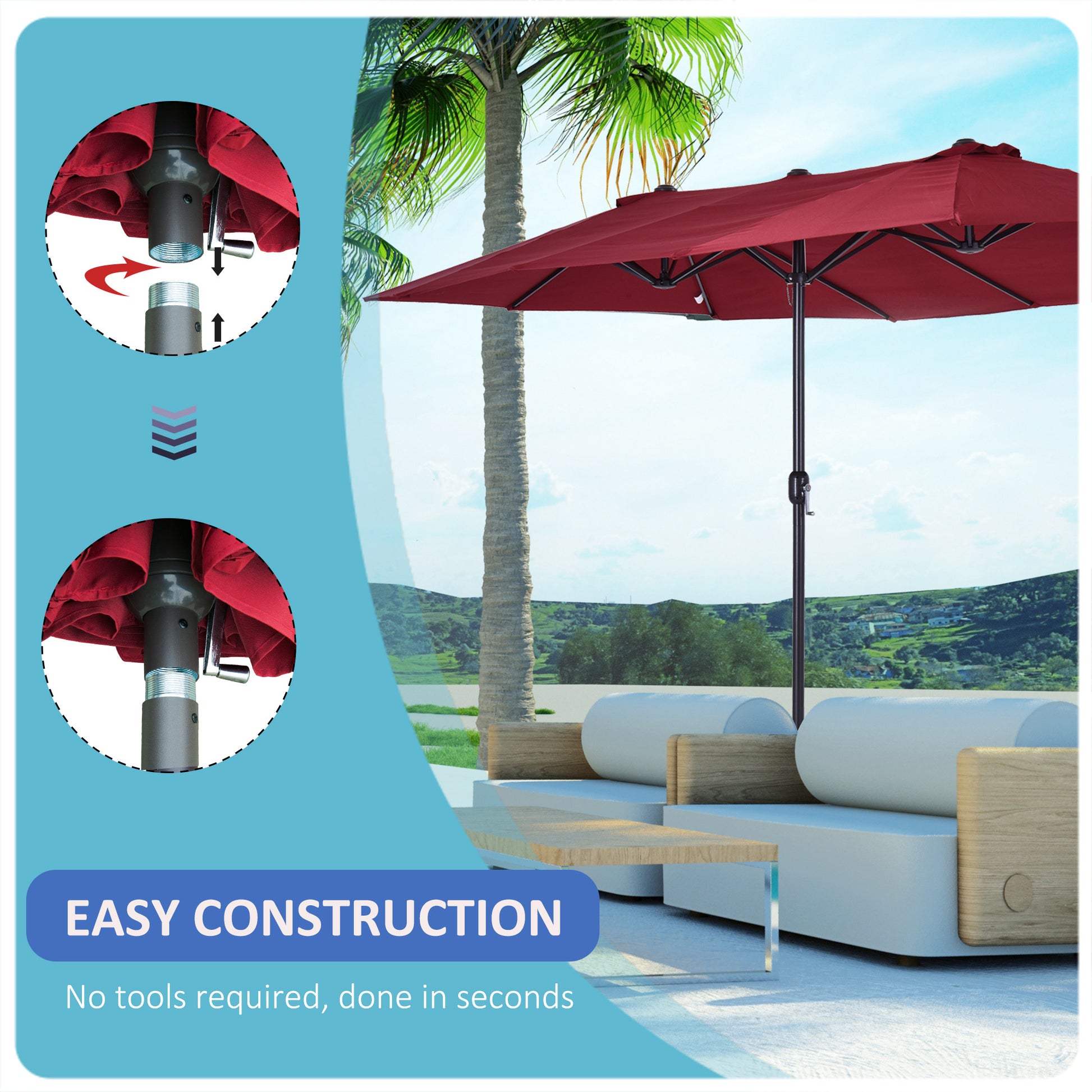 Outsunny Extra Large 15Ft Patio Umbrella, Double Sided Outdoor Umbrella With Crank Handle And Air Vents For Backyard, Deck, Pool, Market, Wine Red Wine Red Steel