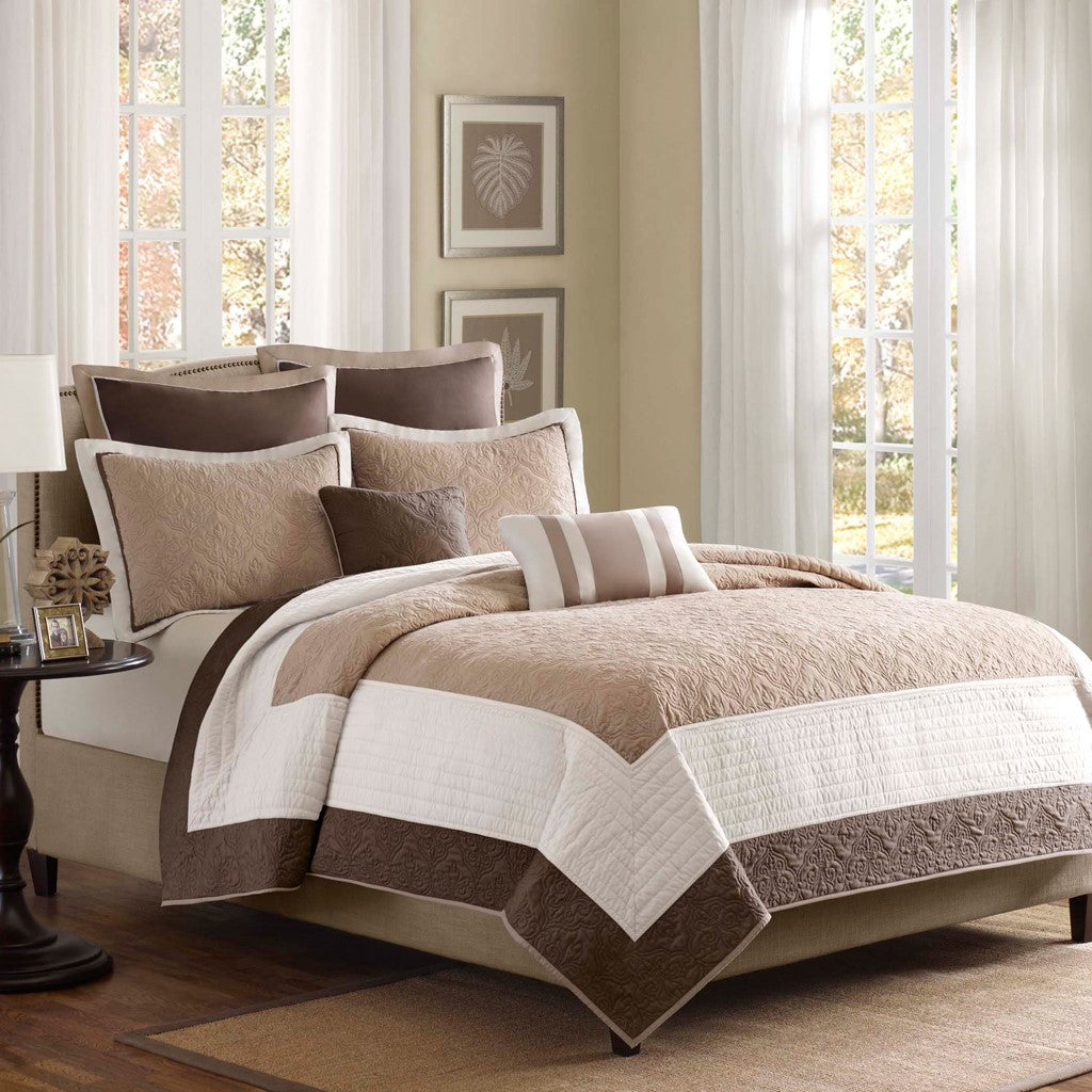 7 Piece Quilt Set With Euro Shams And Throw Pillows Beige Full Queen Full Beige Cotton