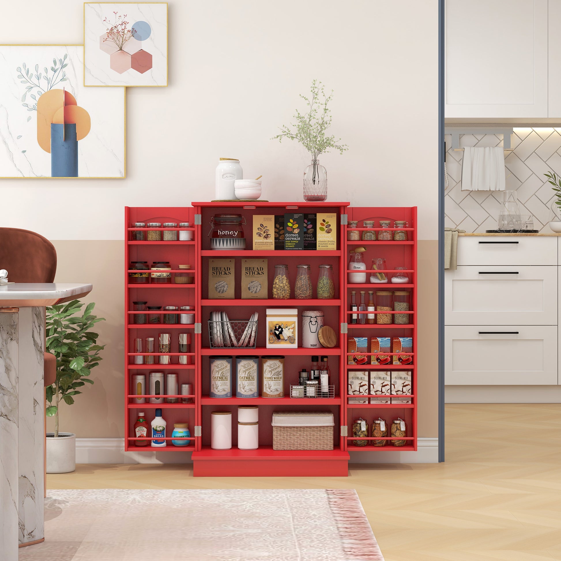 Homcom 41" Kitchen Pantry Storage Cabinet, Freestanding Kitchen Cabinet With 12 Door Shelves, Double Doors, 5 Tier Shelving And Adjustable Shelves, Red Red Mdf