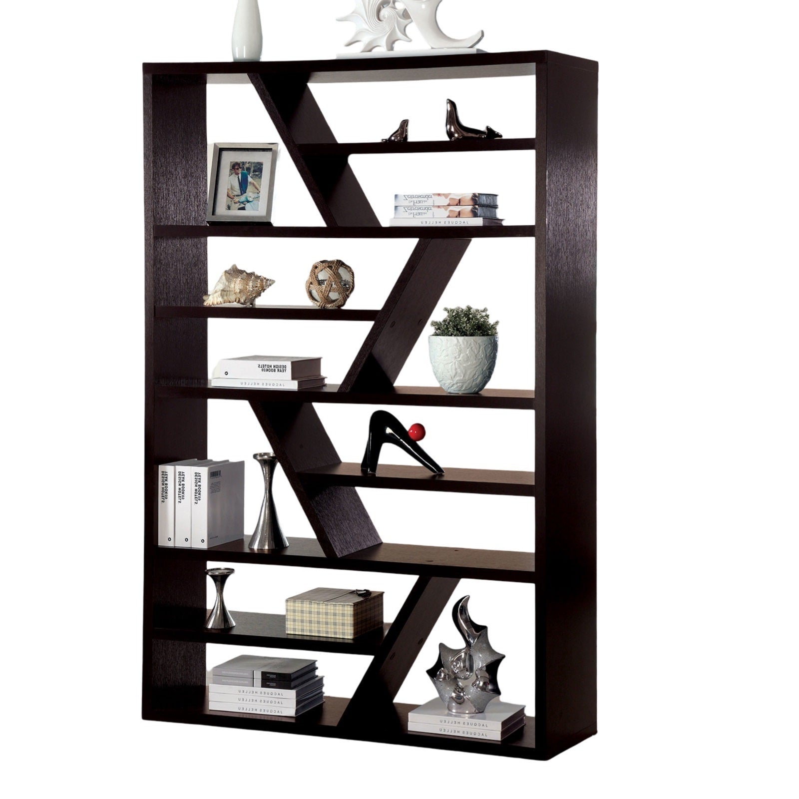 Gorgeous Contemporary Espresso Finish 1Pc Display Shelf Solid Wood Storage Books Zig Zag Shelf Separation Melamine Coating Espresso Primary Living Space Open Back Contemporary,Modern,Rustic,Transitional Solid Wood