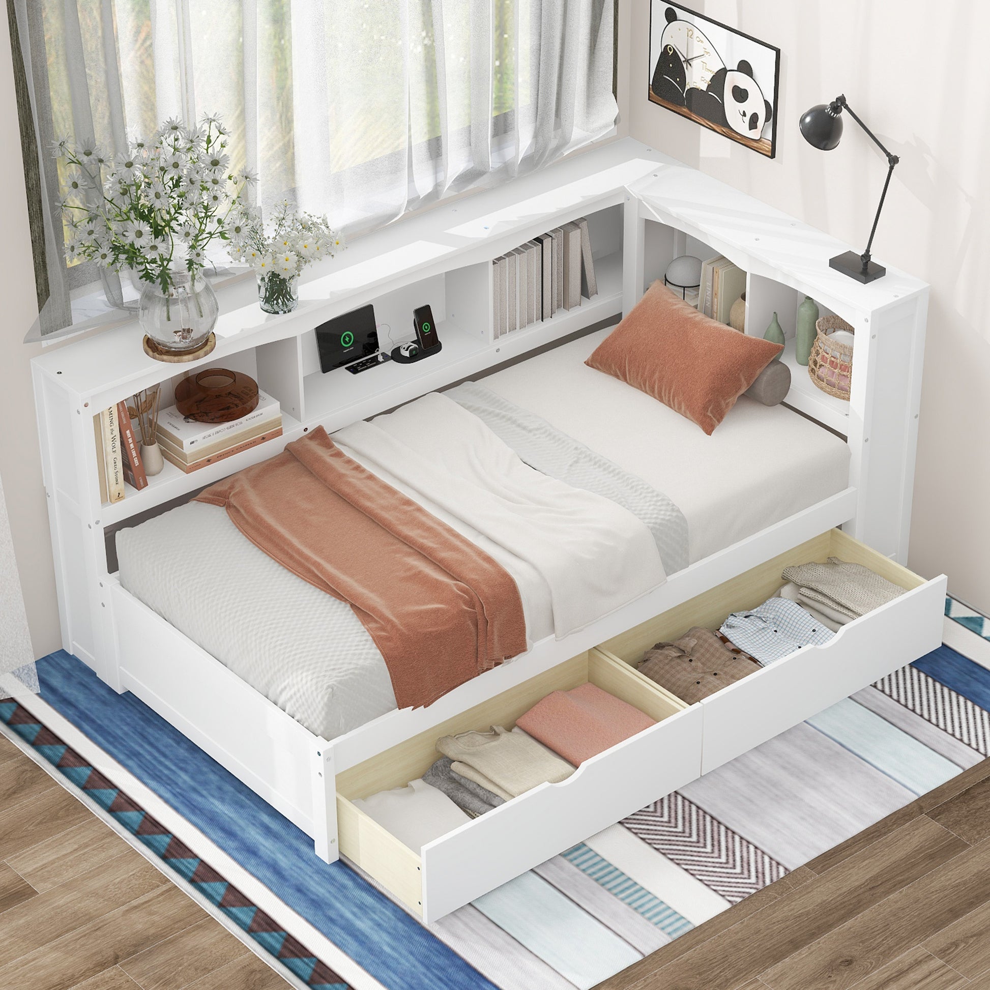 Twin Size Daybed With Two Storage Drawers, Storage Cabinets And Usb Ports, White Twin White Solid Wood Mdf