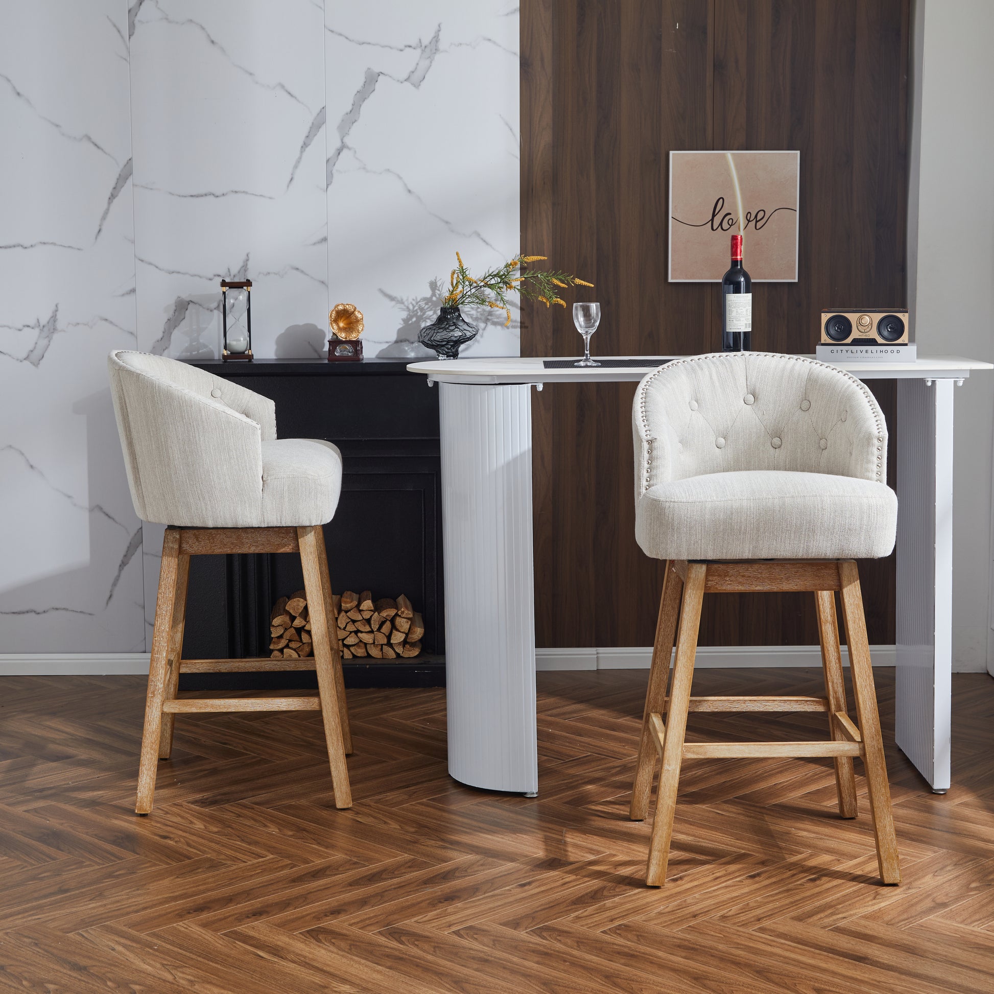 33.25" Swivel Counter Stools Set Of 2, Upholstered Counter Height Bar Stools With Solid Rubber Wood Frame, Backrest, Footrest, Armless Barstools For Home Bar, Kitchen Counter, Natural Beige