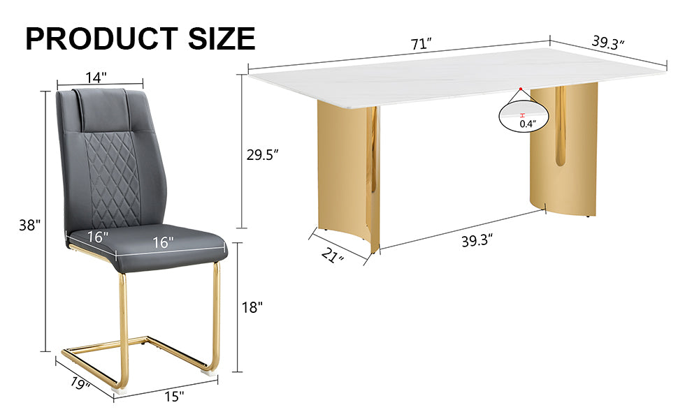 Table And Chair Set.The Table Has A Glass Tabletop With Imitation Marble Pattern Stickers And Stainless Steel Golden Table Legs. Paried With Comfortable Chairs With Pu Seats And Metal Legs. White Gold Seats 8 Glass Metal