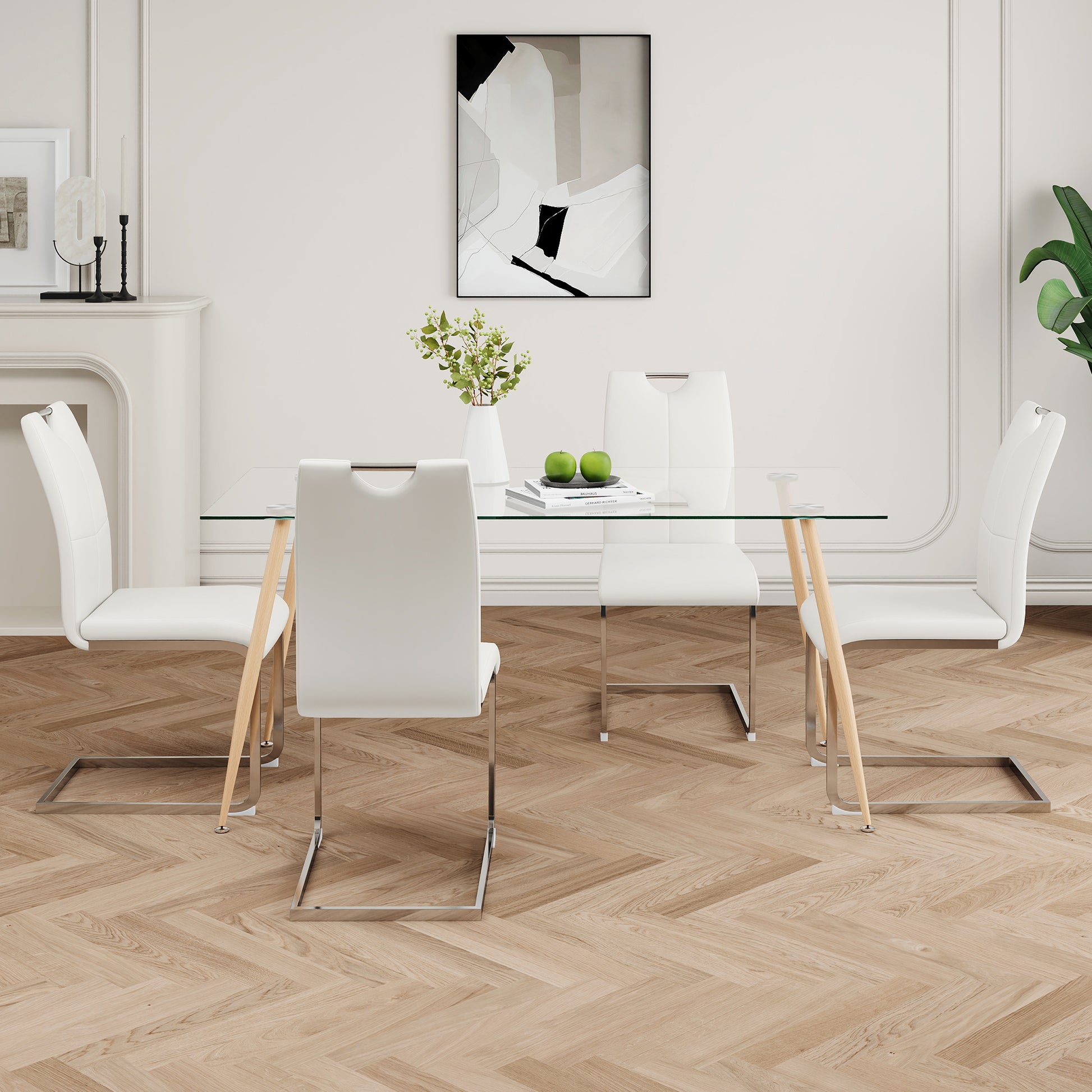 Modern Simple Rectangular Glass Dining Table, Solid Tempered Glass Countertop, Wood Transfer Metal Table Legs, White Pu Dining Chair Set, Suitable For Restaurant Kitchen Use Set Of 5 Upholstered Chair Glass White Pu Seats 4 Metal Rectangular Dining Table