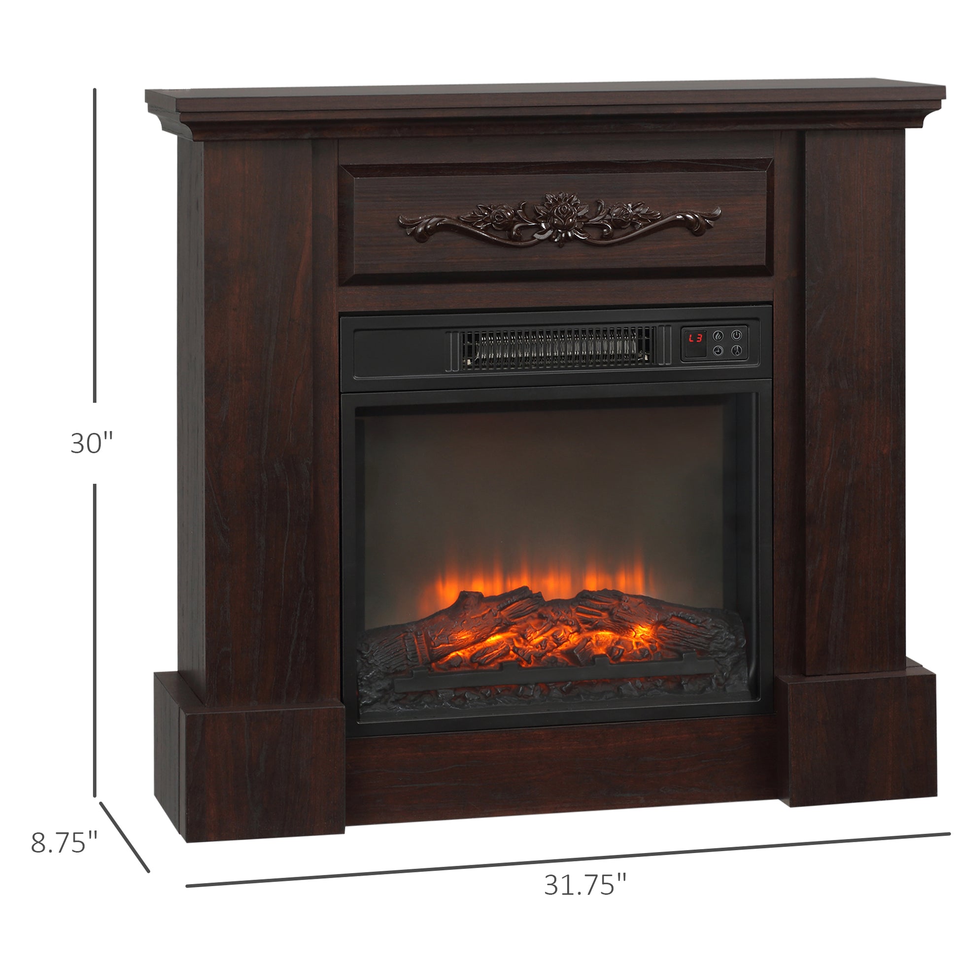 Homcom 32" Electric Fireplace With Mantel, Freestanding Heater With Led Log Flame, Overheat Protection And Remote Control, 1400W, White Brown Steel