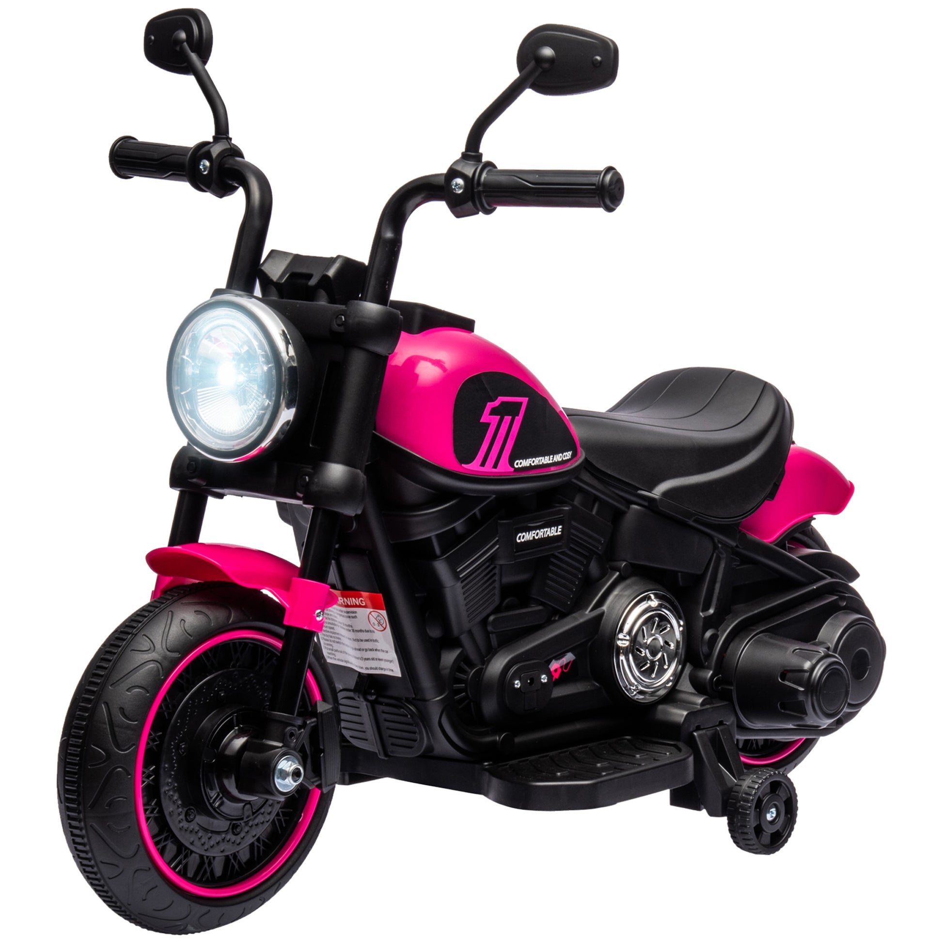 Aosom Kids Motorcycle With Training Wheels, 6V Ride On Toy For Toddler Ages 18 48 Months, Battery Operated Motorbike For Kids With Single Button Start, Headlight, Pink Pink Plastic