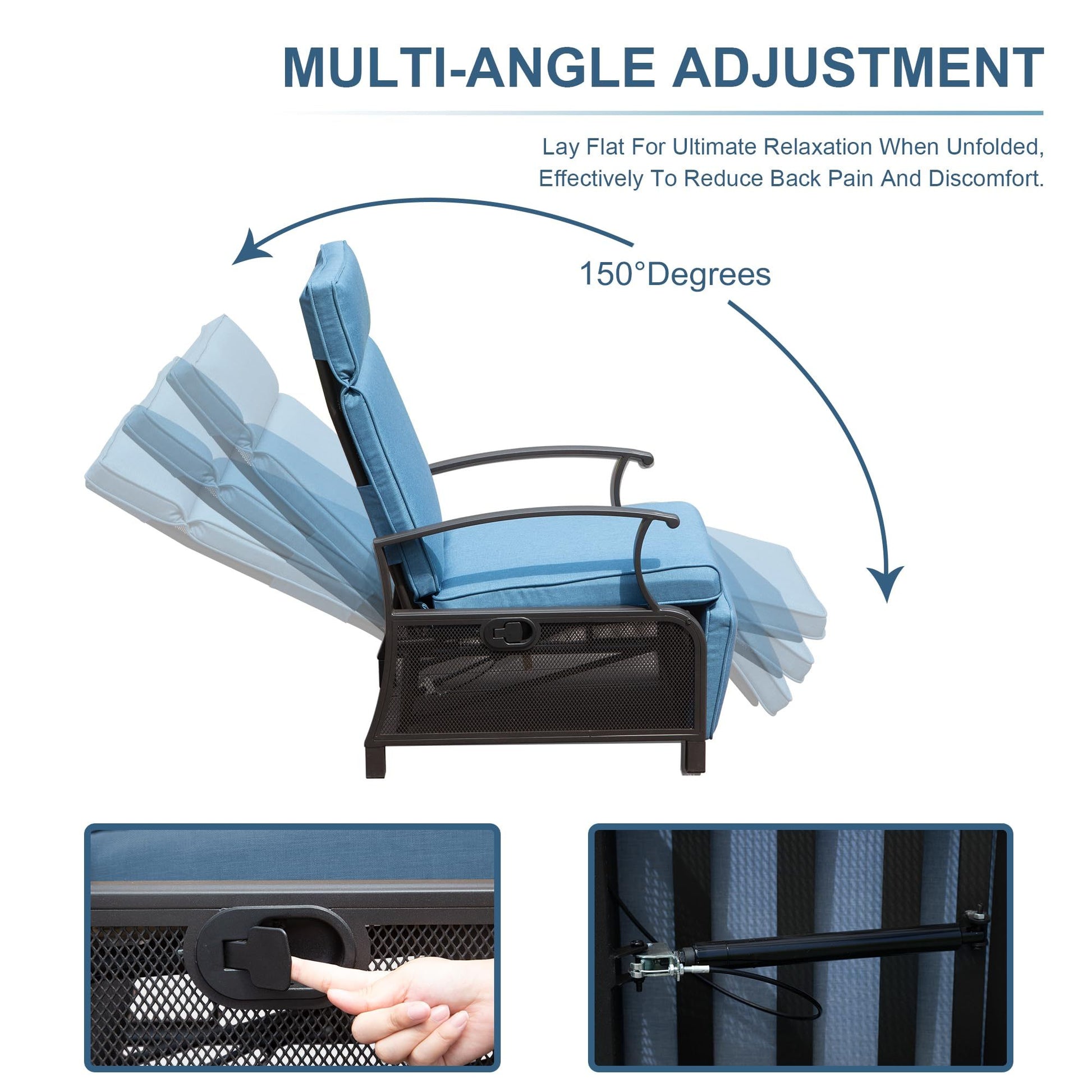Adjustable Patio Recliner Chair Metal Outdoor Lounge Chair With Flip Table Push Back, Adjustable Angle, 6.8'' Removable Cushions, Support 350Lbs, Navy Blue Yes Blue Garden & Outdoor Metal