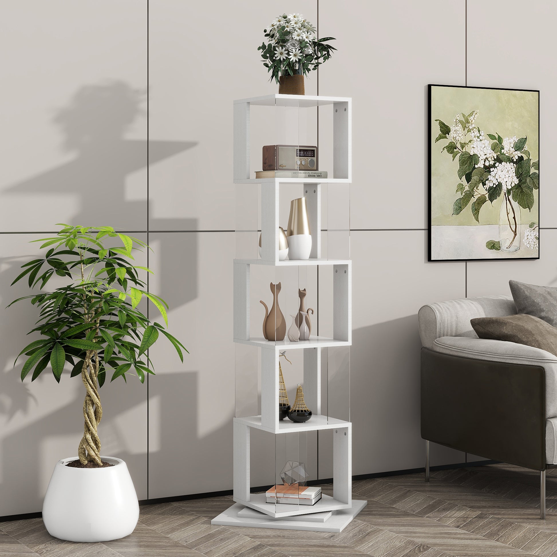 5 Tier Rotating Bookshelf, Floor Rack Simple Bookcase With Acrylic Plate Student Multi Function Creative Bookshelf For Living Room With Anti Toppling Base White Particle Board