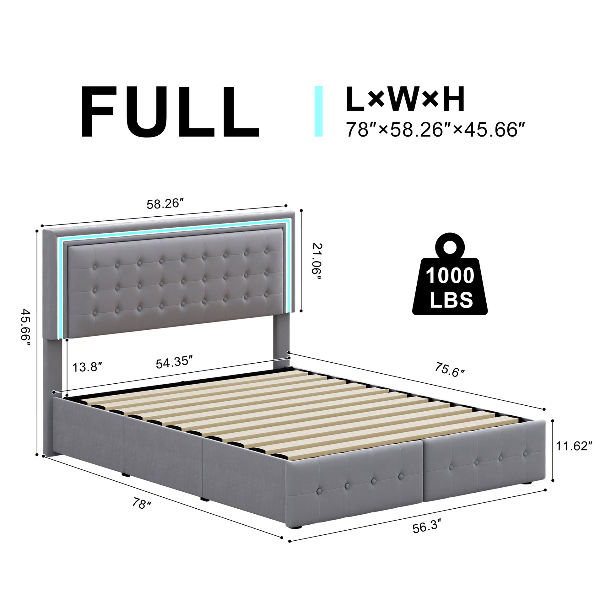 Full Size Led Bed Frame With 4 Storage Drawers, Smart Control Rgb Led Lights On Headboard,With Remote Control, Upholstered Adjustable Headbaord, Velvet Grey Mdf Metal