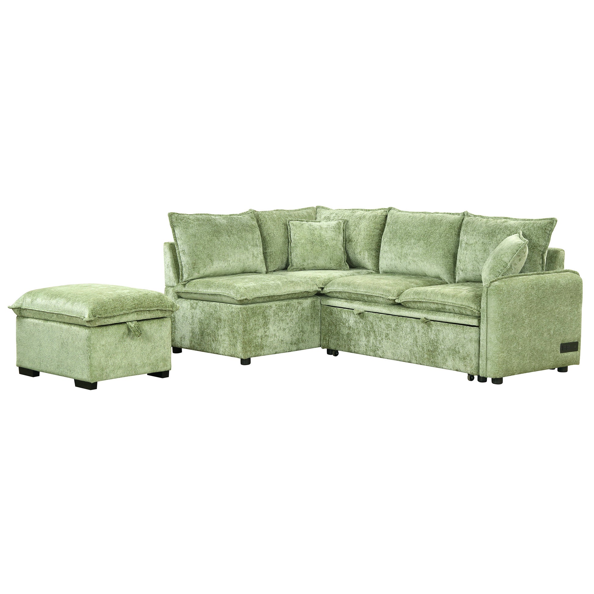 82.67"Convertible Sofa Bed Sectional Sofa Sleeper L Shaped Sofa With A Storage Ottoman,Two Pillows, Two Power Sockets And Two Usb Ports For Living Room, Green Green Foam Chenille 4 Seat