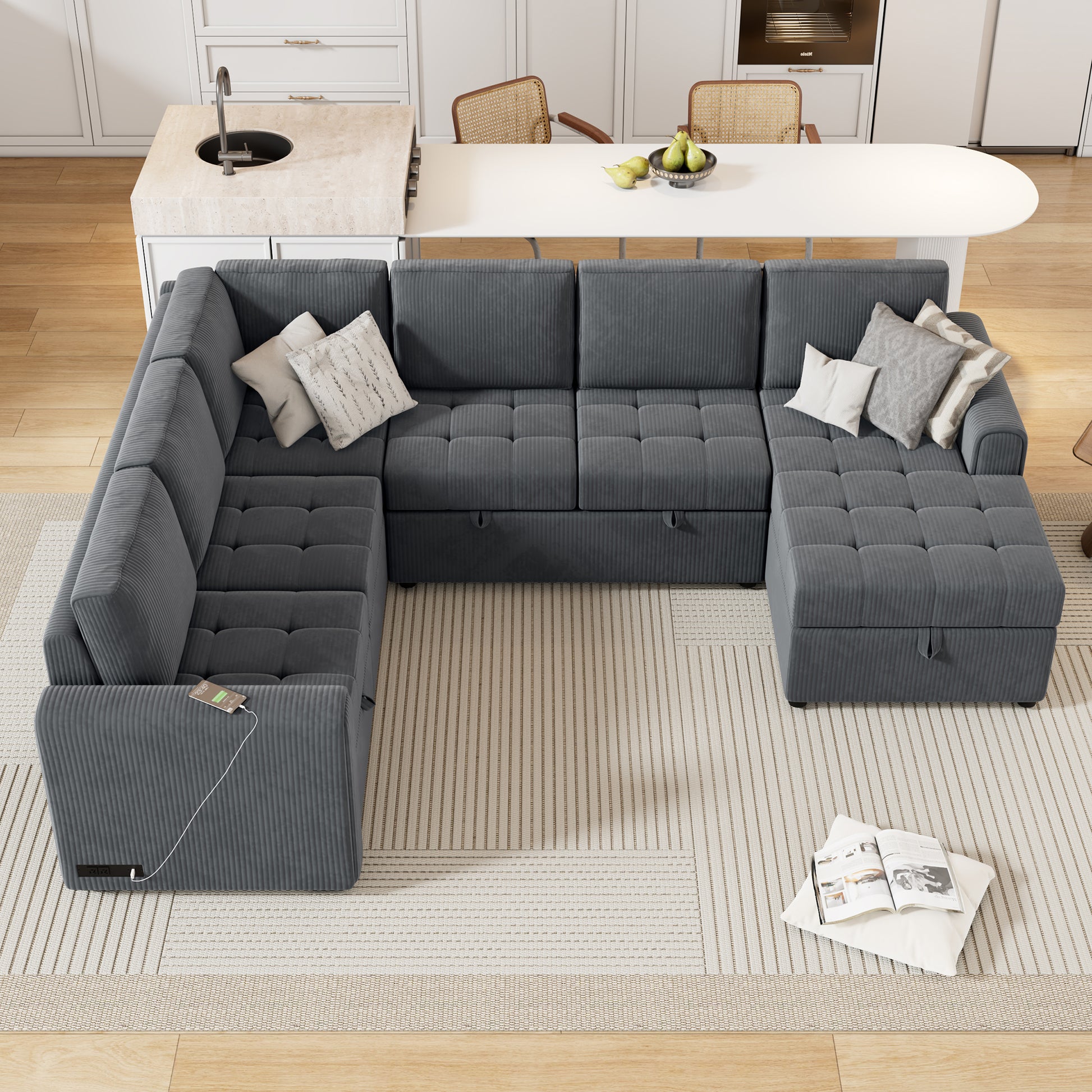 107.5" U Shaped Sofa Sectional Sofa Pull Out Sofa Bed With A Storage Chaise Lounge, Charging Devices For Living Room, Gray Gray Foam Corduroy 5 Seat