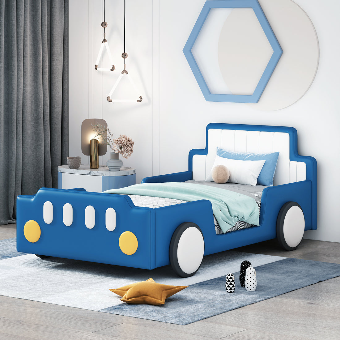 Twin Size Race Car Shaped Platform Bed With Wheels,Blue Twin Blue Pu Leather