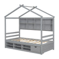 Twin House Bed With Roof Frame, Bedside Shelves, Under Bed Storage Unit,Grey Twin Grey American Design Pine