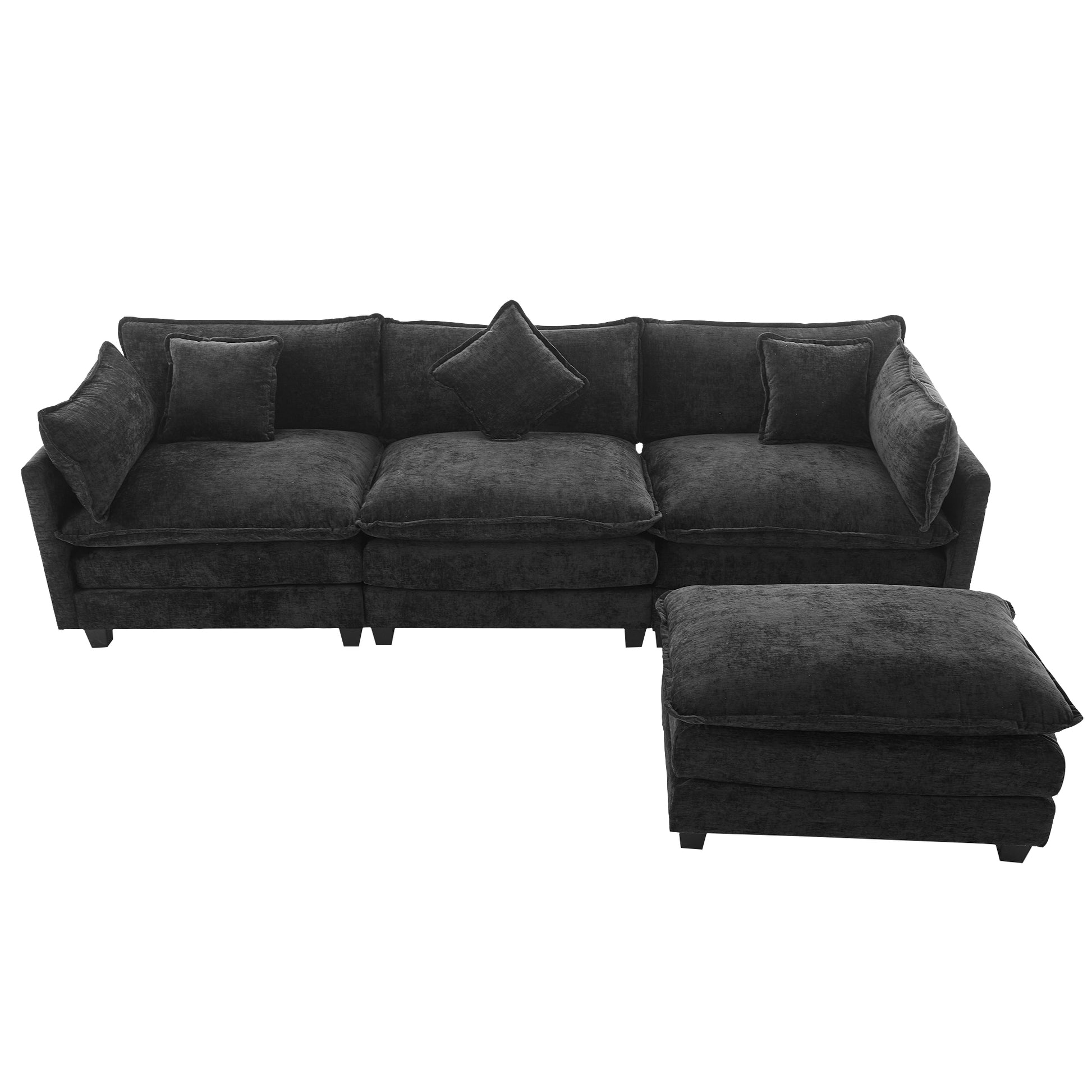 112.2" L Shape Chenille Upholstered Sofa For Living Room Modern Luxury Sofa Couch With Ottoman And 5 Pillows For Living Room Sg001160Aa , Black Black Foam 4 Seat