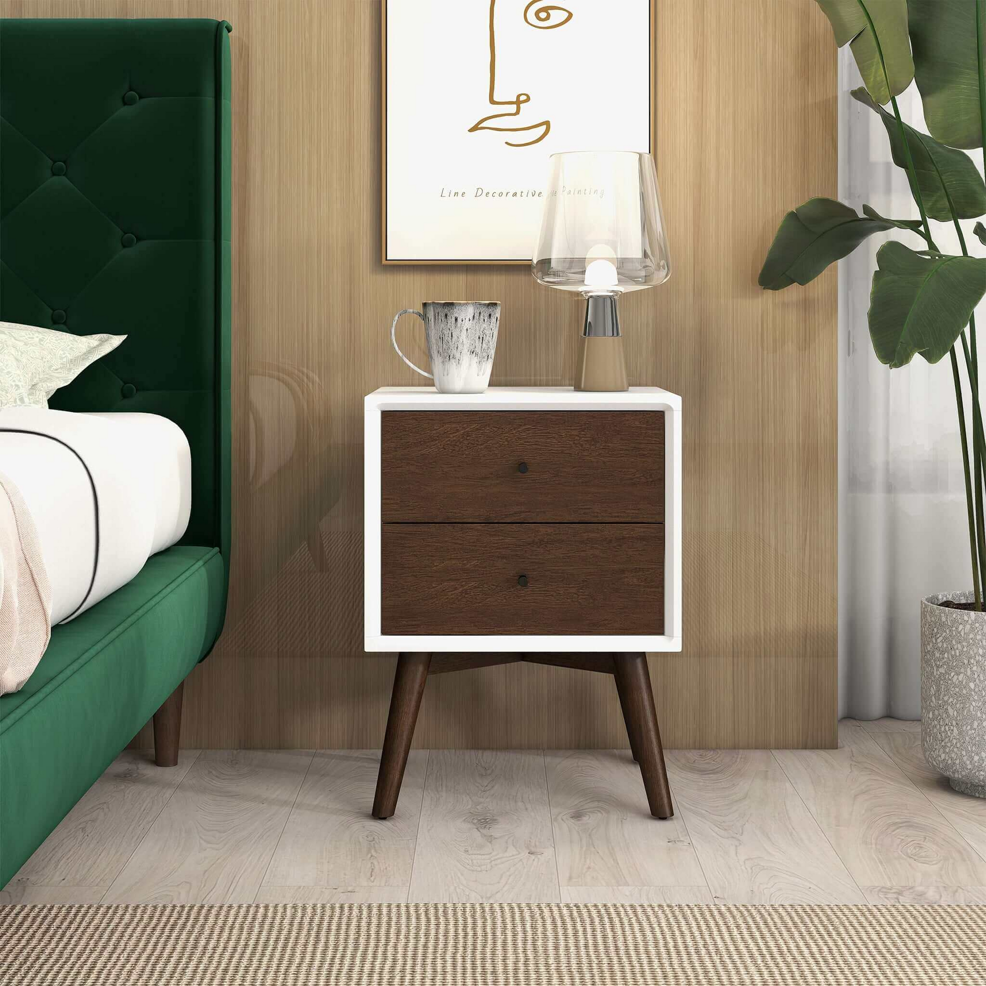 Caroline Mid Century Modern Style White Night Stand 2 Drawer Dark Brown,White Brown 2 Drawers Bedroom With Legs Mid Century Modern Solid Wood Walnut Solid Wood