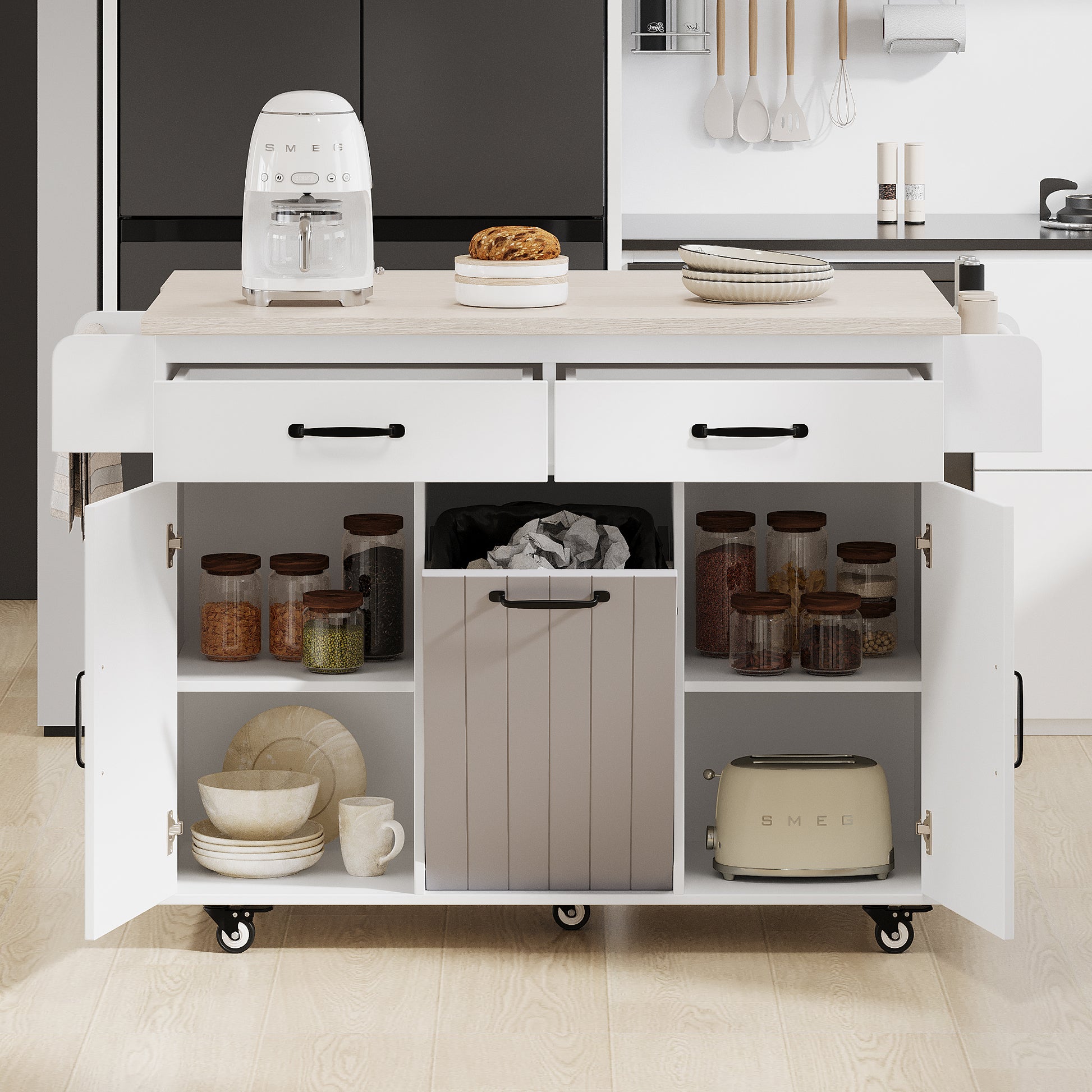 K&K Kitchen Island With Trash Can Storage Cabinet, Kitchen Cart With Drop Leaf, Spice Rack, Towel Rack And Drawer, Rolling Kitchen Island On Wheels With Adjustable Shelf, White Ameican White Oak