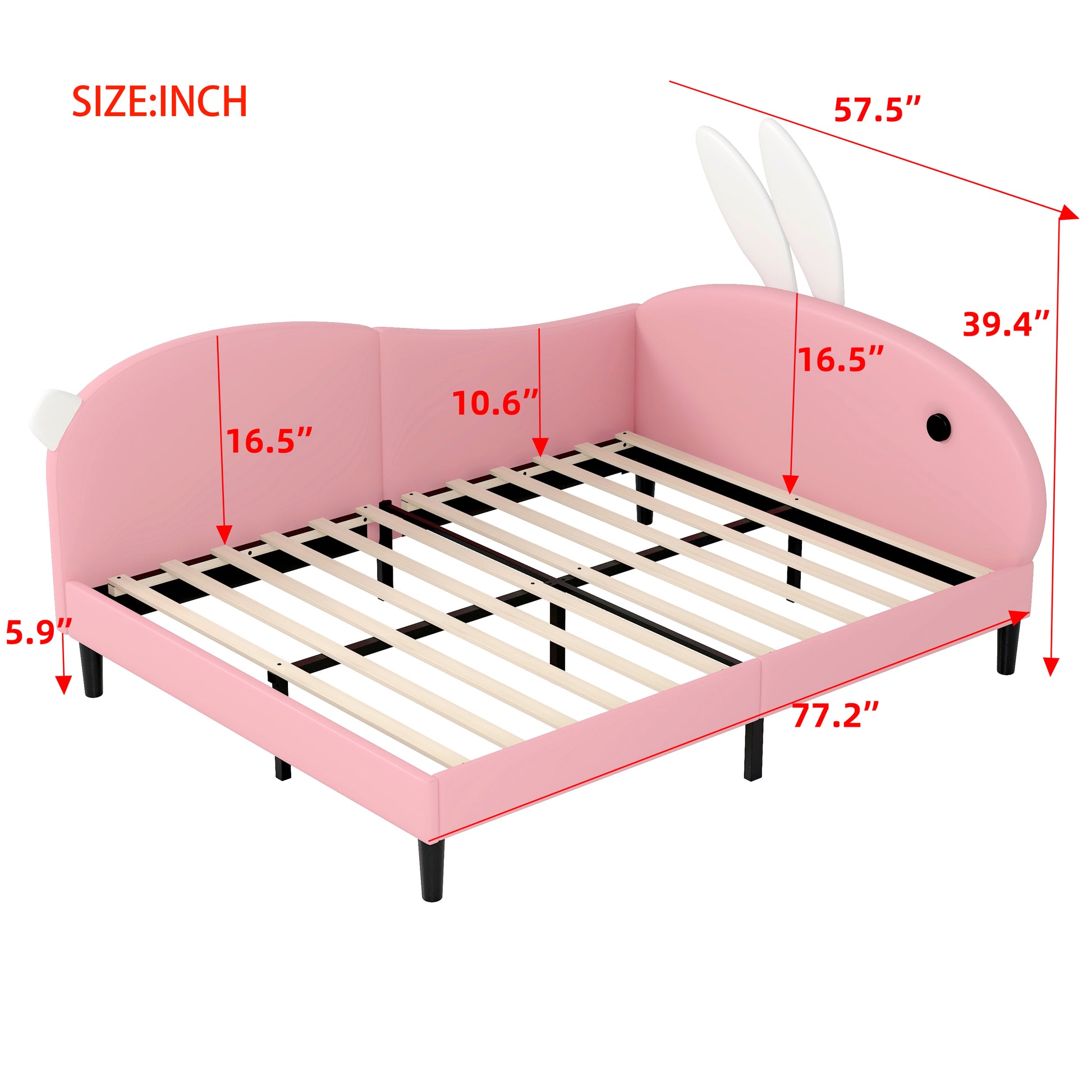 Full Size Upholstered Rabbit Shape Daybed, Sofabed With Rabbit Ear Headboard, Pink Full Pink Pu