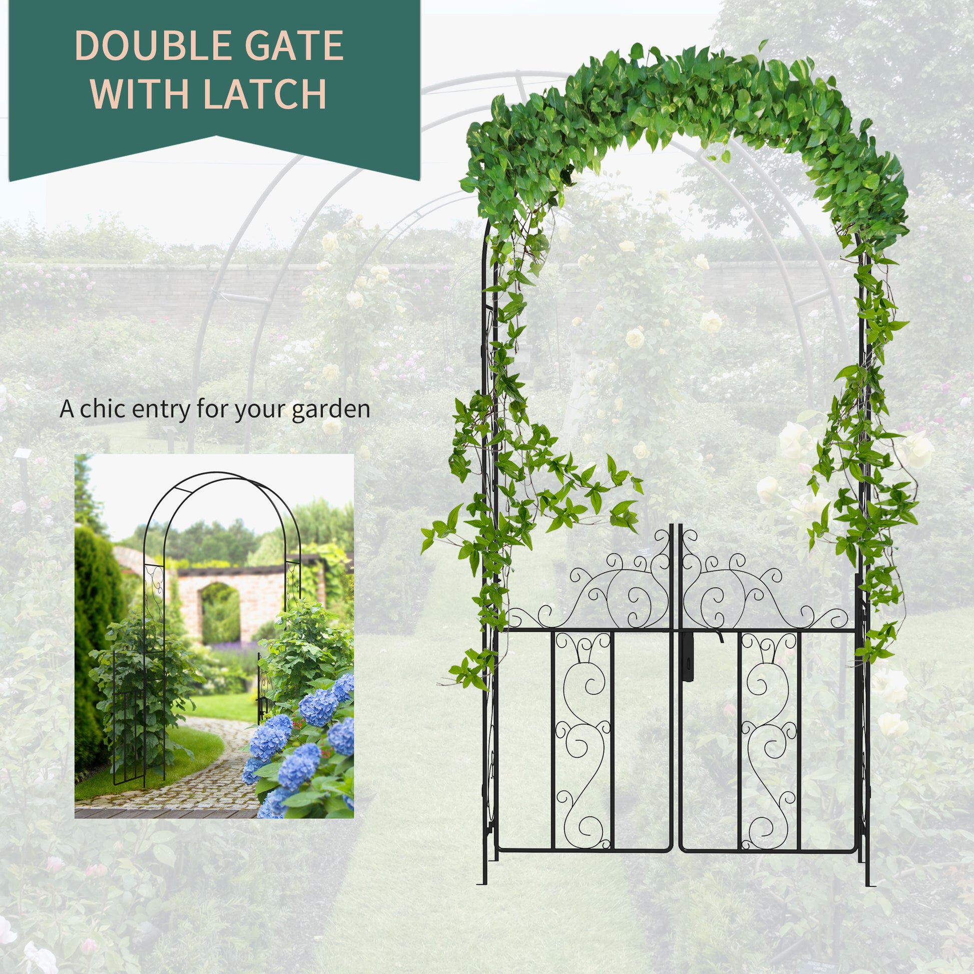 Outsunny 7.5' Metal Garden Arch With Gate, Garden Arbor Trellis For Climbing Plants, Roses, Vines, Wedding Arch For Outdoor Garden, Lawn, Backyard, Black Black Steel