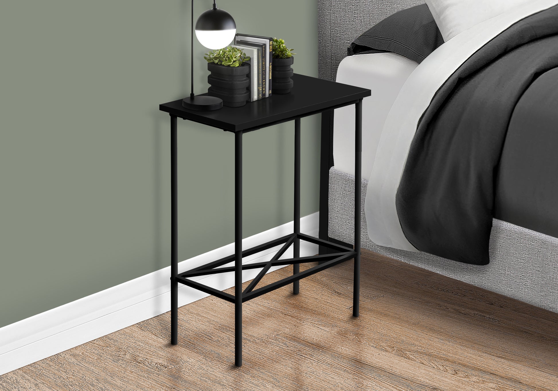 Accent Table, Side, End, Narrow, Small, 2 Tier, Living Room, Bedroom, Black Laminate, Black Metal, Contemporary, Modern Black Particle Board