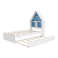 Twin Size House Shaped Bed With Bookcase Headboard And Led Light And Twin Size Trundle For Kids Boys Girls, Blue White Box Spring Not Required Twin White Blue Wood Bedroom Cute Bed Frame Wood