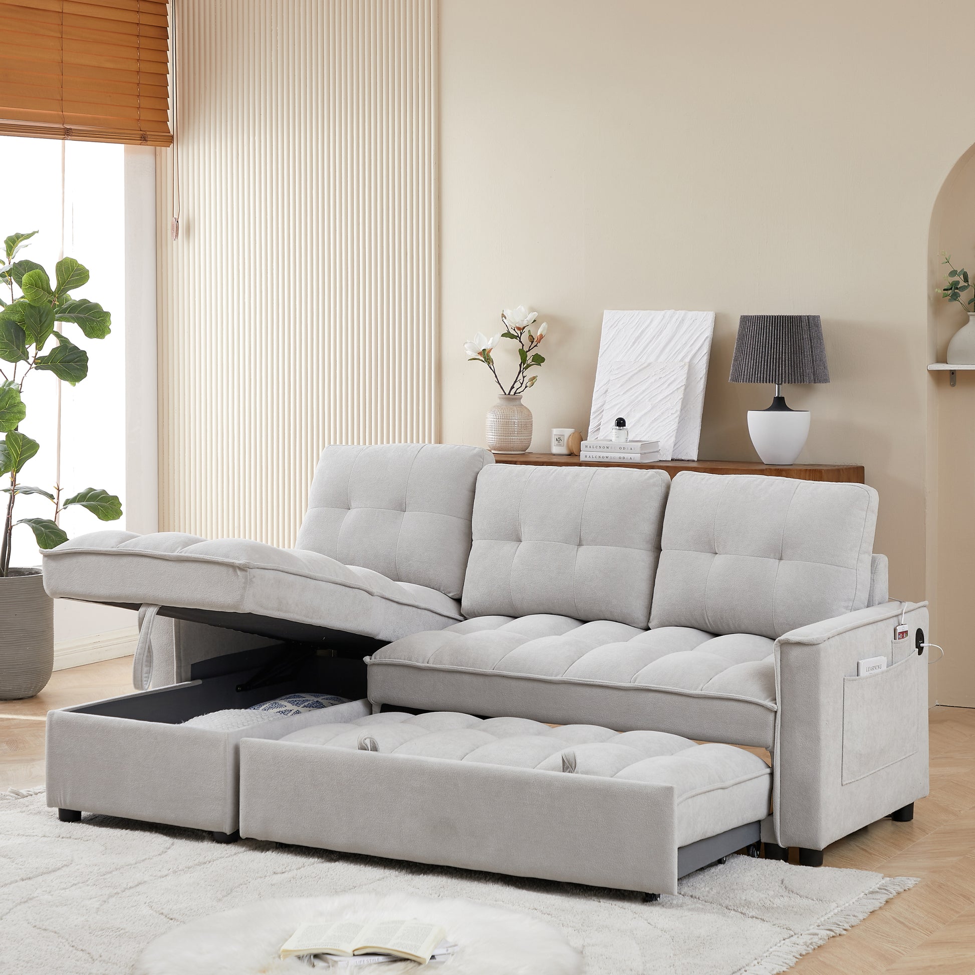 Mh 78.75" Reclining Sofa, Pull Out Sofa Bed With Usb And Tape C Charging Ports, L Shaped Sectional Sofa With Reclining Storage And Arm Side Organizer Pocket Features, Living Room Comfort Sofa Light Grey Chenille Wood Primary Living Space Eucalyptus Foam