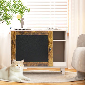 Litter Box Enclosure,Modern Hidden Cat Litter Box Enclosure Furniture With Scratching Pad For Living Room, White Vintage Color Door Frame White Vintage Particle Board