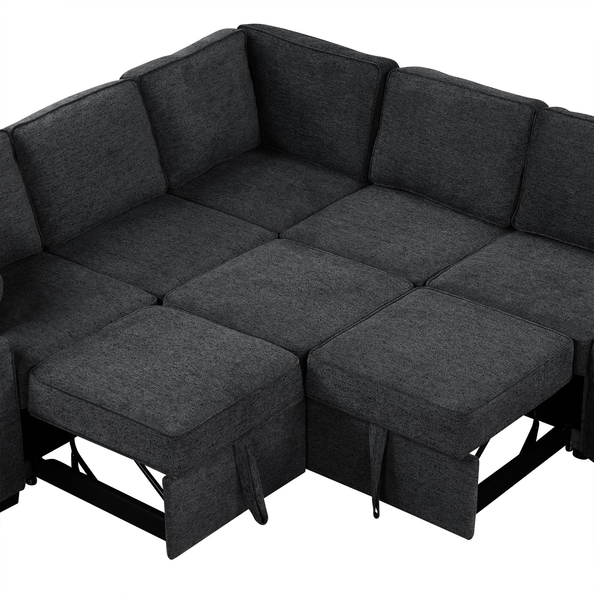 126" L Shaped Sofa Sectional Sofa Couch Pull Out Sofa Bed With Charging Devices And Cup Holders For Living Room, Blue Black Black Blue Foam Chenille 6 Seat