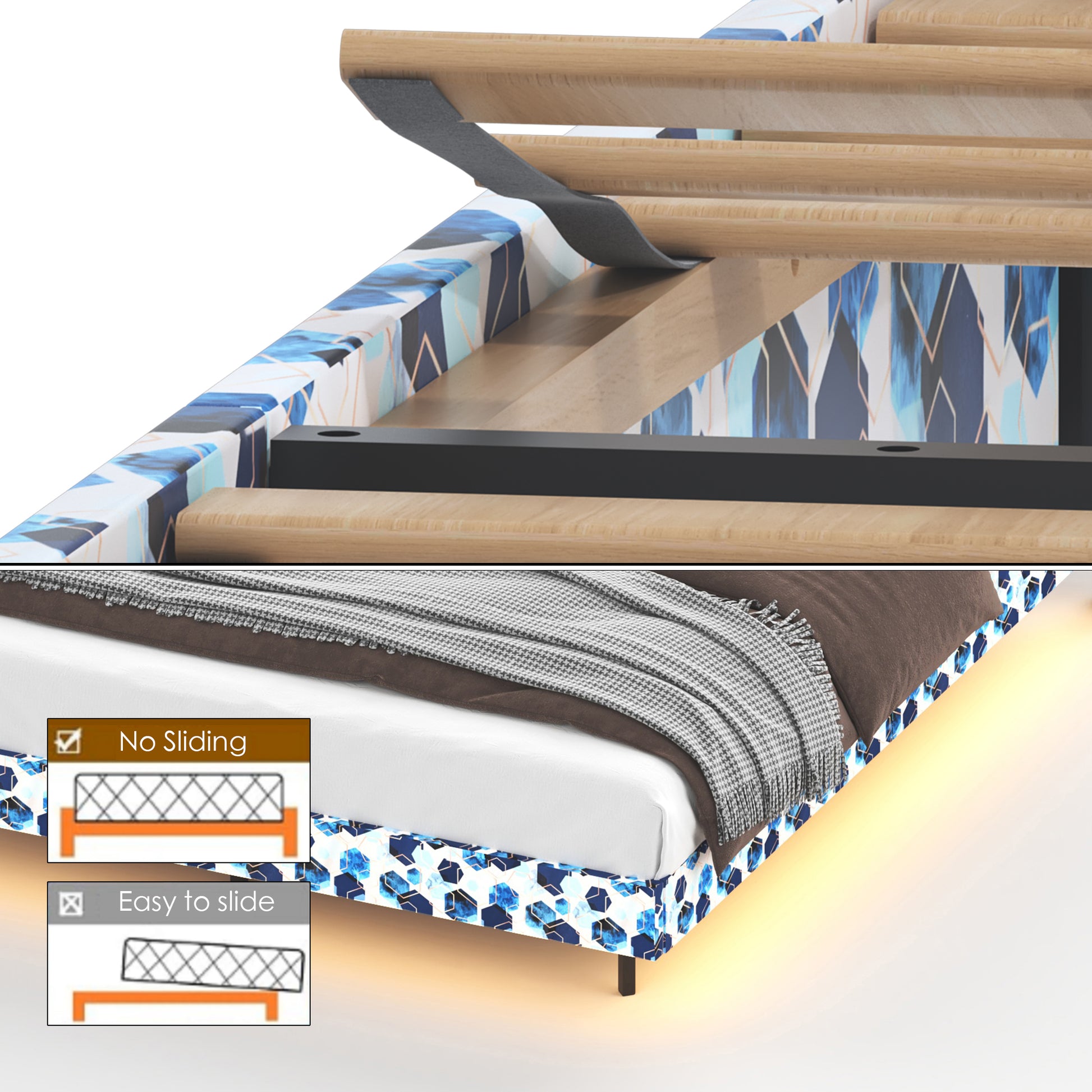 Queen Floating Bed Frame With Led Light And Charging Station Upholstered Platform Bed Frame Queen Size With Headboard And Hidden Storage Space, No Box Spring Needed, Blue Box Spring Not Required Queen Blue Geometry Metal Bedroom Bed Frame Velvet Velvet