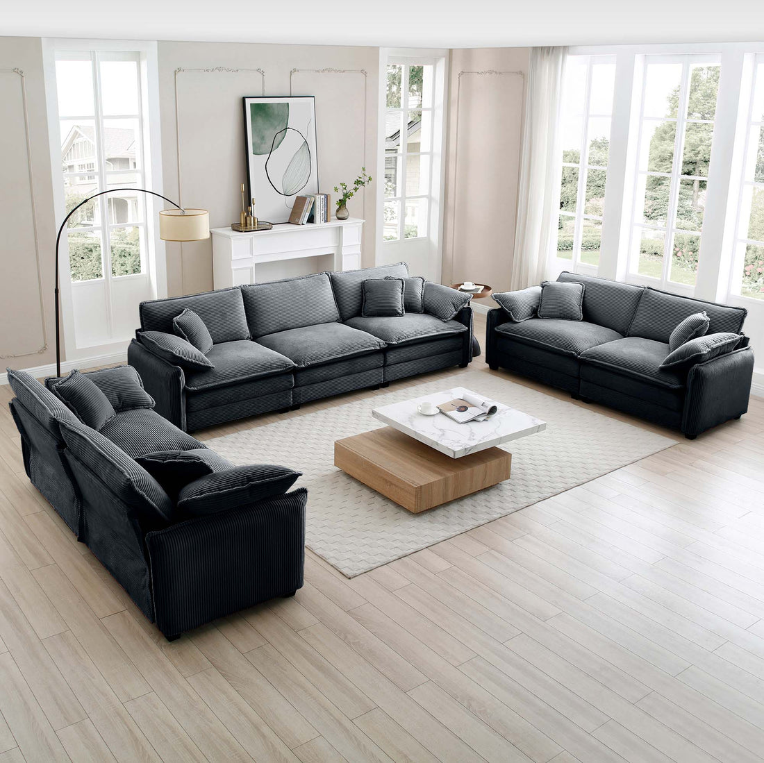 Modern Living Room Sofa 3 Pieces Set, Two 2 Seater Sofas And One 3 Seater Sofas, Upholstery Large Deep Seat Sofa With Sofat Cushion And Pillowss,Grey Corduroy Grey Corduroy 7 Seat