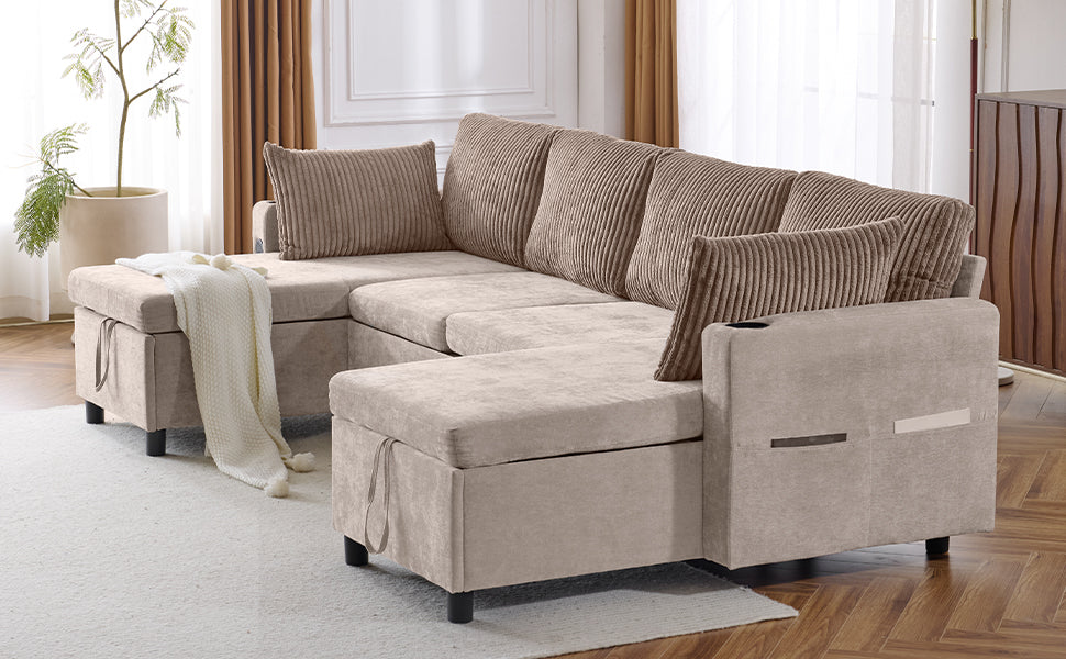 111.8" Sectional Sofa Pull Out Sofa Bed Versatile Sofa Sleeper With Large Storage Space, Two Usb Ports And Two Cup Holders For Living Room, Brown Brown Foam Chenille 4 Seat