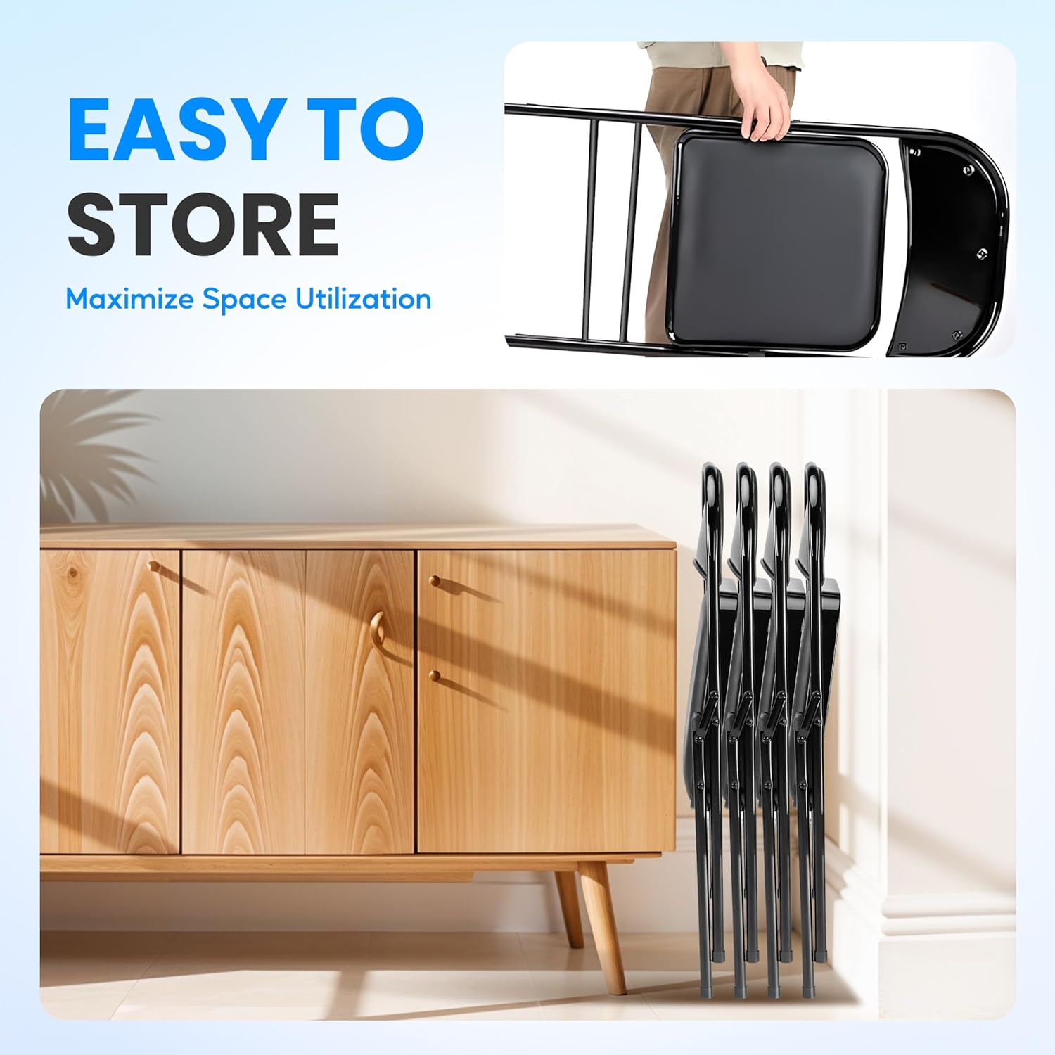 2 Pack Folding Chairs With Leather Padded Cushion Seats & Durable Metal Frame, Comfortable, Foldable, Portable, Commercial Event Seat, Indoor Outdoor For Parties, Home, Office, Black Black Leather