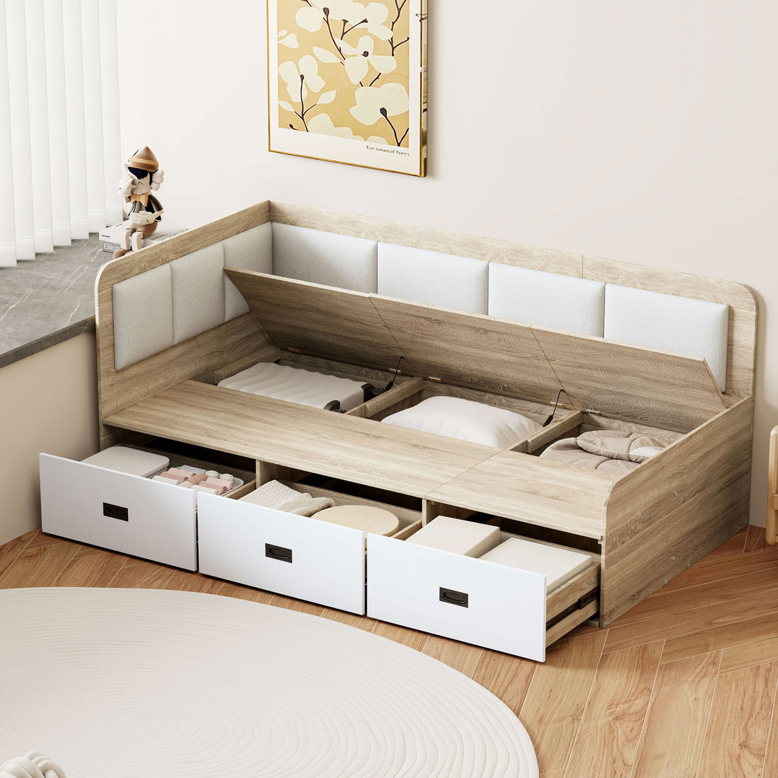 Twin Size Daybed With Three Drawers And Three Storage Compartments, Nature Beige Twin Beige Natural Mdf