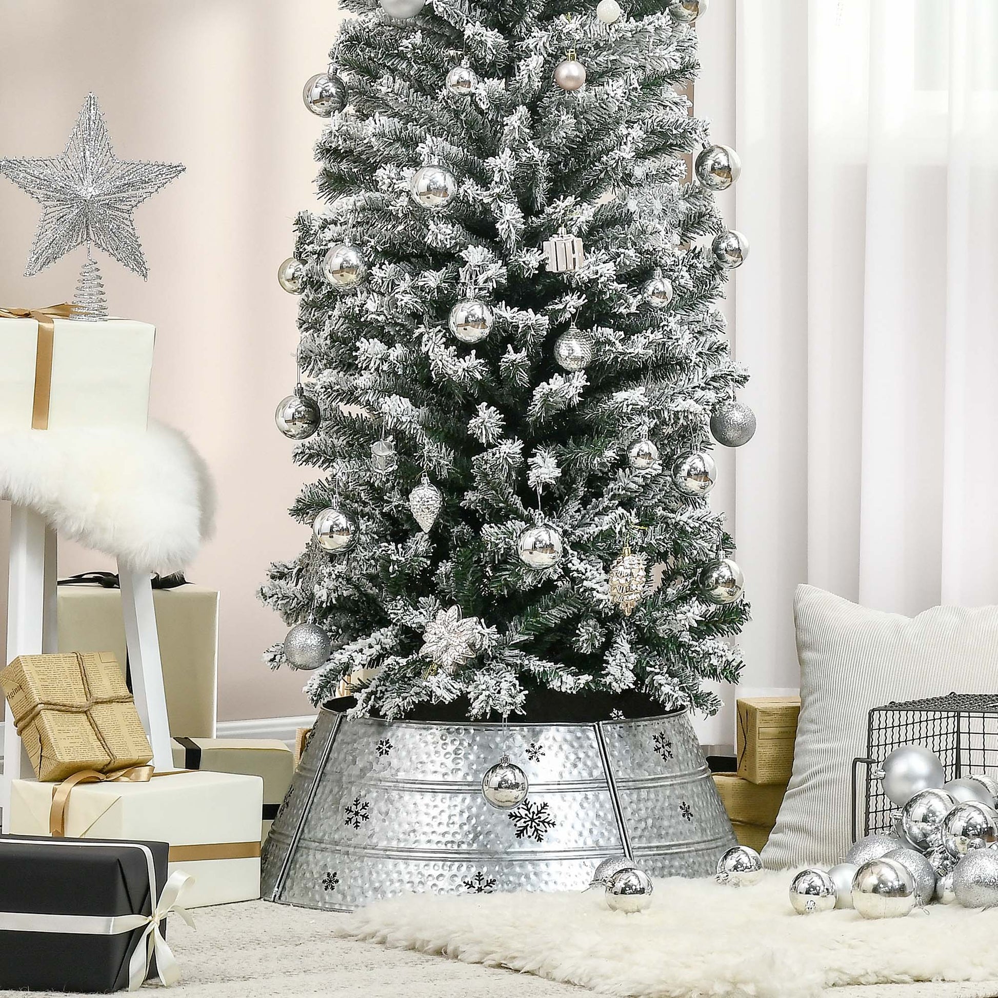 Homcom Christmas Tree Collar, Steel Tree Ring Skirt, Home Xmas Decoration For Christmas Tree, 26" X 26" X 9", Bright Silver Silver Steel