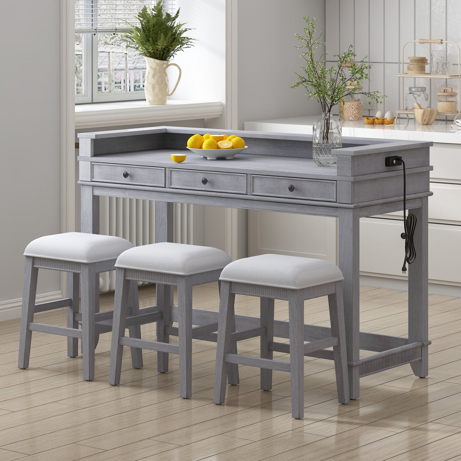 4 Piece Dining Table Set For 3, Retro Kitchen Table And Chairs Set With 3 Storage Drawers, Ideal For Small Spaces Gray Gray Mdf,Rubber Wood