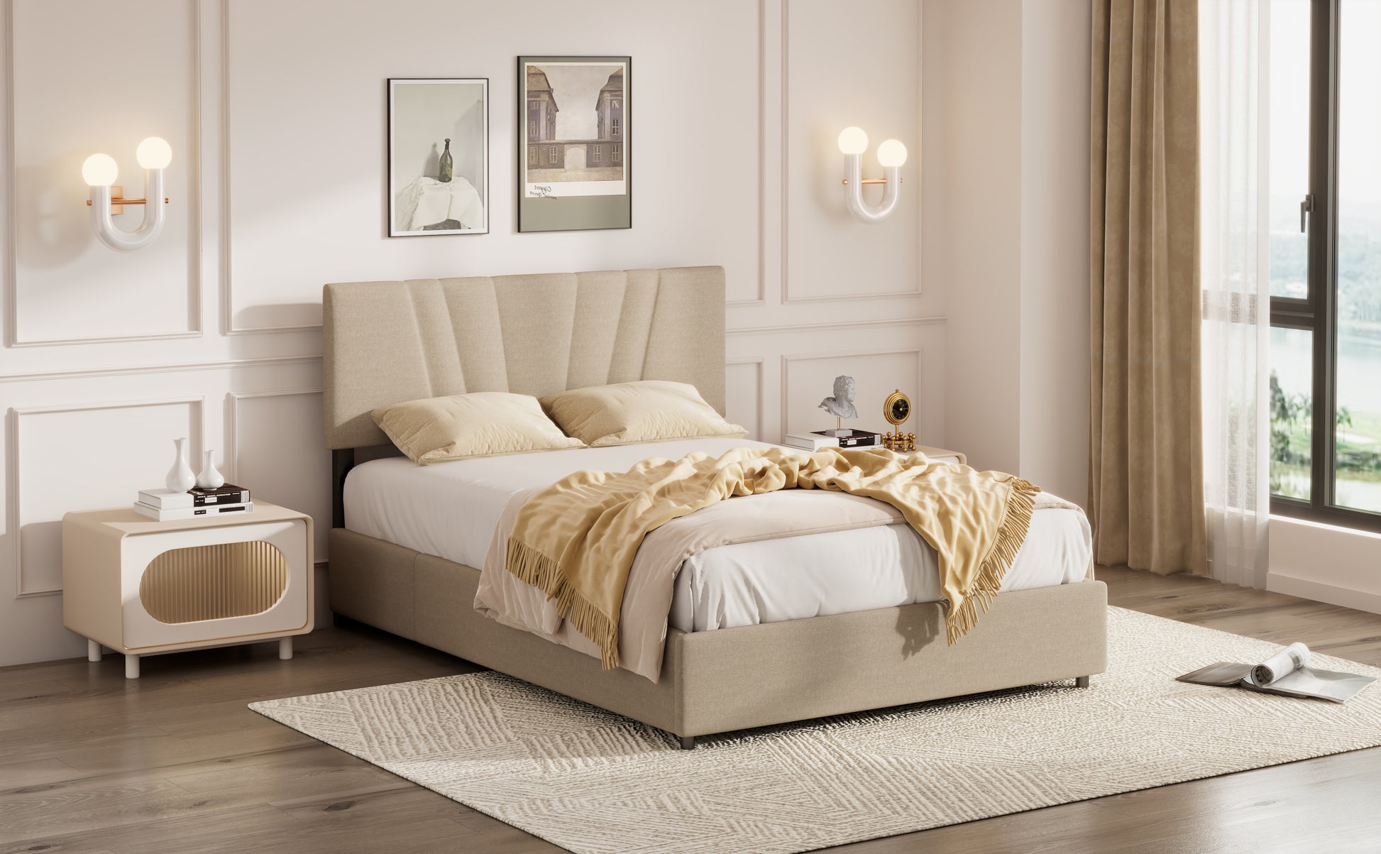 Full Upholstered Platform Bed With Lifting Storage, Full Size Bed Frame With Storage And Tufted Headboard,Wooden Full Platform Bed For Kids Teens Adults,No Box Spring Needed,Light Beige Box Spring Not Required Full Light Beige Wood Bedroom American