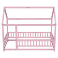 Twin Size Floor Wooden Bed With House Roof Frame, Fence Guardrails,Pink Twin Pink Pine