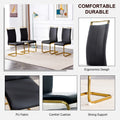 Table And Chair Set.Large Modern Rectangular Table With 0.4 Inch Patterned Glass Tabletop And Large Mdf Table Legs.Comes With 6 Chairs With Faux Leather Cushioned Seats And Golden Metal Legs. Gold White Seats 6 Mdf Glass