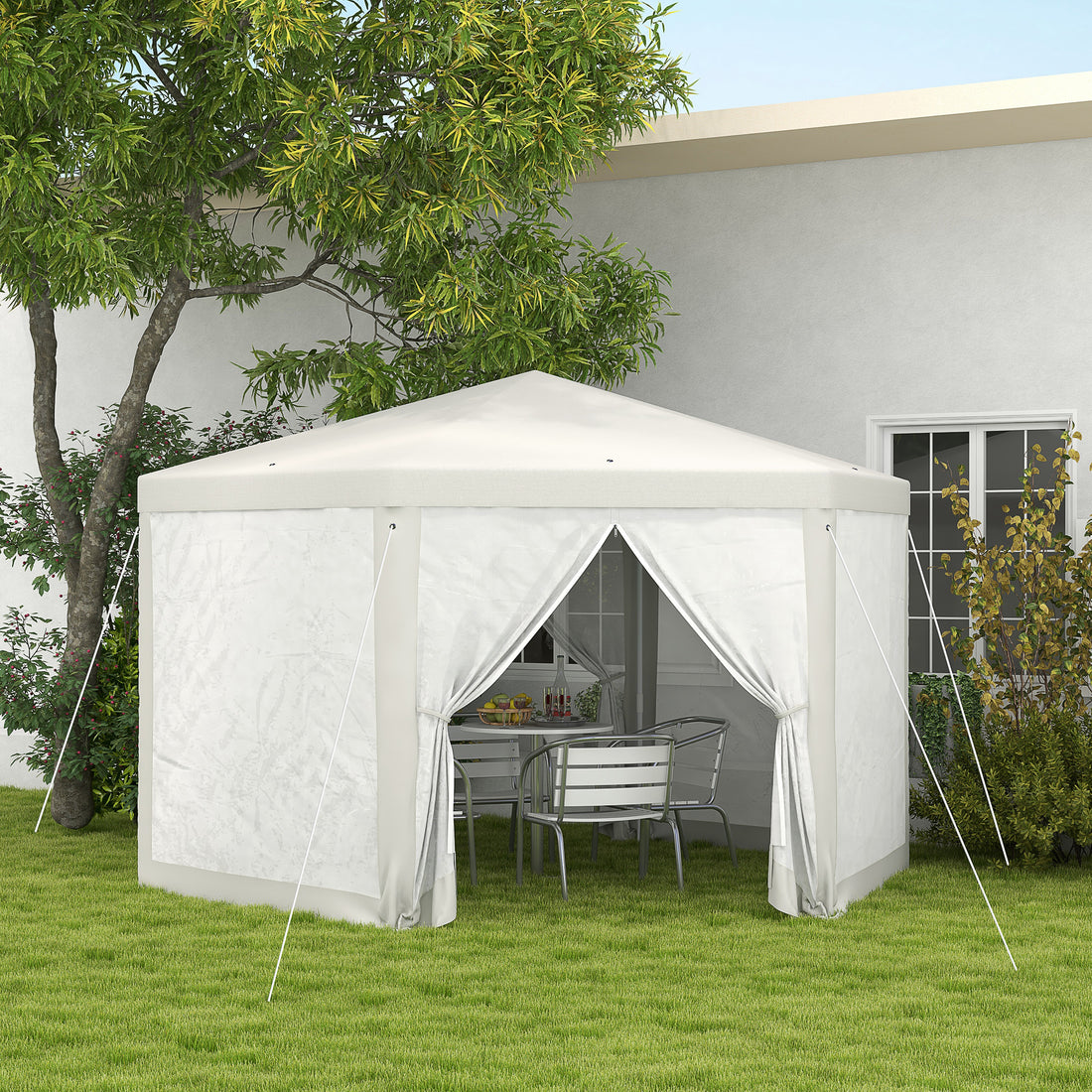 Outsunny 13' X 11' Outdoor Party Tent, Hexagon Sun Shade Shelter Canopy With Protective Mesh Screen Sidewalls, Ropes & Stakes, Cream White White Steel