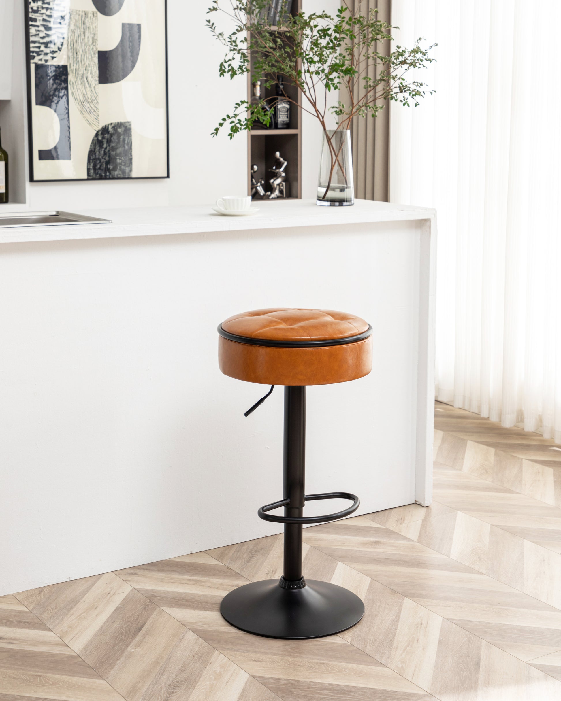 Round Storage Bar Stool Set Of 2, Brown Faux Leather Height Adjustable Barstool, 360 Counter Height Swivel Stool, Armless Bar Chair With Metal Frame For Kitchen Counter Dining Living Room Brown Set Of 2 Foam Pu Leather