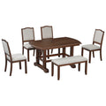 6 Piece Dining Table Set, 60Inch To 78Inch Extendable Wood Dining Table With Removable Leaf, Kitchen Table Set With 4 Upholstered Side Chair And Bench, Dining Table Set For 6 Cherry Wood Dining Room Extendable Rubberwood Rectangular Dining Table With