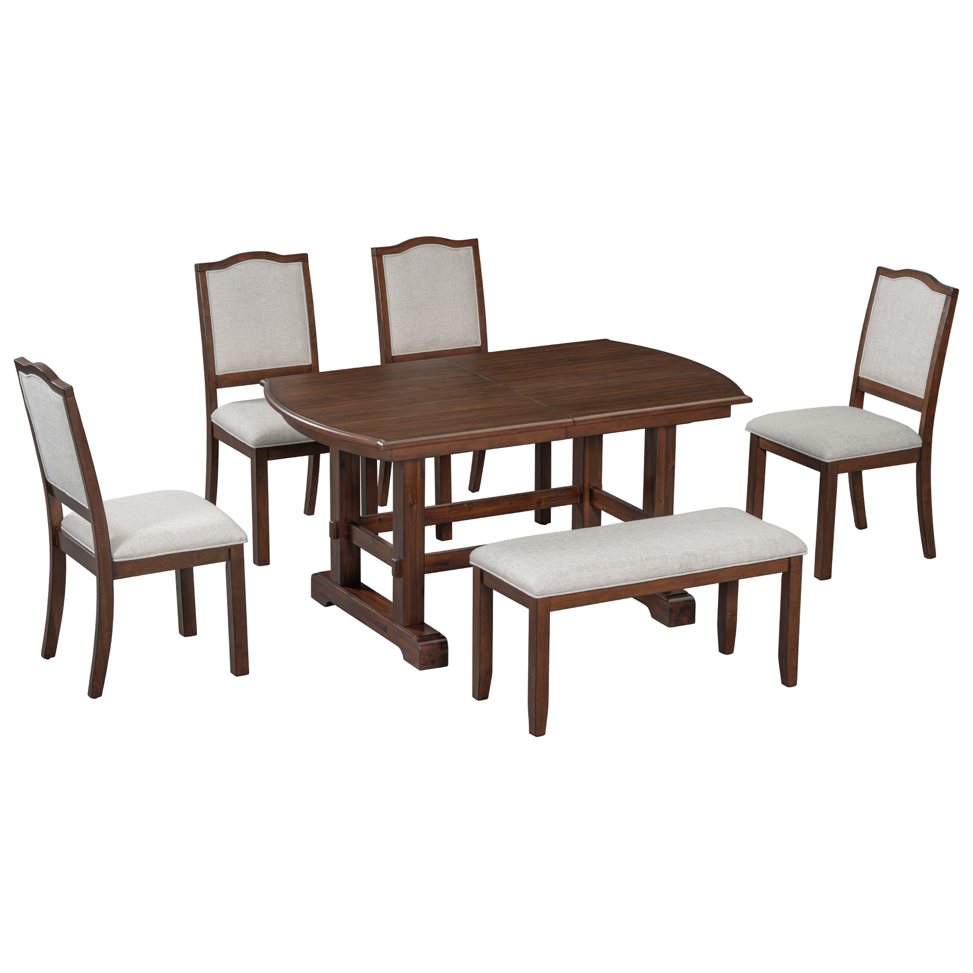 6 Piece Dining Table Set, 60Inch To 78Inch Extendable Wood Dining Table With Removable Leaf, Kitchen Table Set With 4 Upholstered Side Chair And Bench, Dining Table Set For 6 Cherry Wood Dining Room Extendable Rubberwood Rectangular Dining Table With